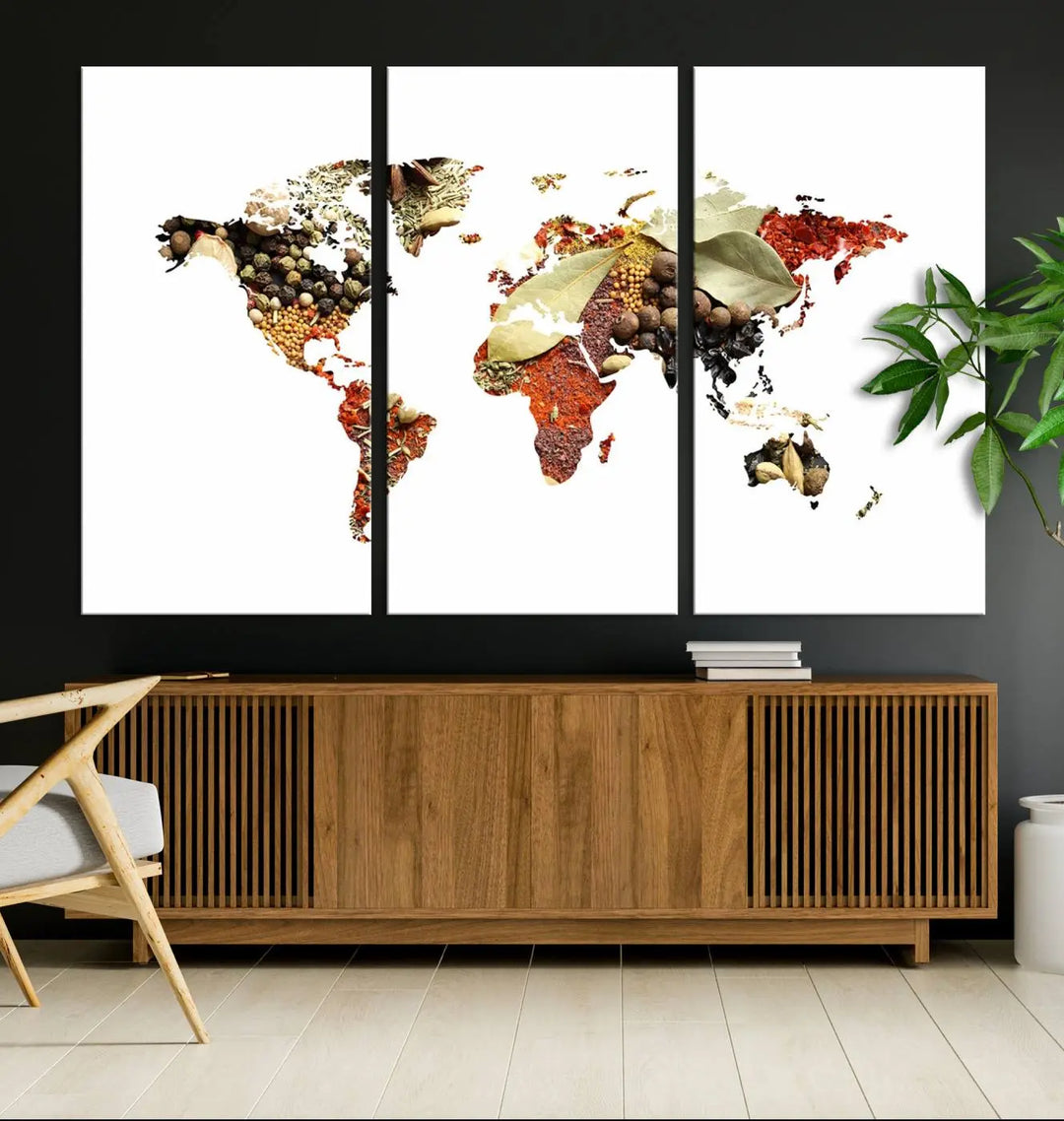 The "Vegetables World Map Canvas Wall Art Kitchen Artwork" is a captivating three-panel piece crafted on museum-quality canvas and coated with UV protection. It offers a distinctive flair to any space, with continents creatively depicted using spices, and comes ready to hang.