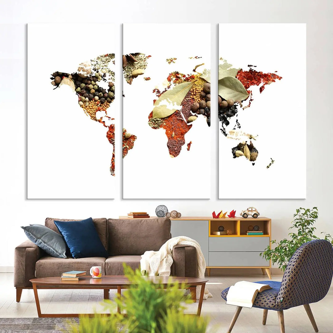 The "Vegetables World Map Canvas Wall Art Kitchen Artwork" is a captivating three-panel piece crafted on museum-quality canvas and coated with UV protection. It offers a distinctive flair to any space, with continents creatively depicted using spices, and comes ready to hang.