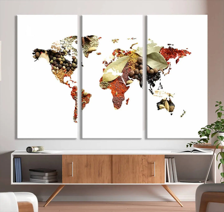 The "Vegetables World Map Canvas Wall Art Kitchen Artwork" is a captivating three-panel piece crafted on museum-quality canvas and coated with UV protection. It offers a distinctive flair to any space, with continents creatively depicted using spices, and comes ready to hang.