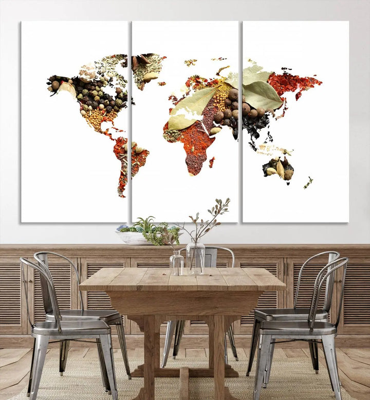 The "Vegetables World Map Canvas Wall Art Kitchen Artwork" is a captivating three-panel piece crafted on museum-quality canvas and coated with UV protection. It offers a distinctive flair to any space, with continents creatively depicted using spices, and comes ready to hang.