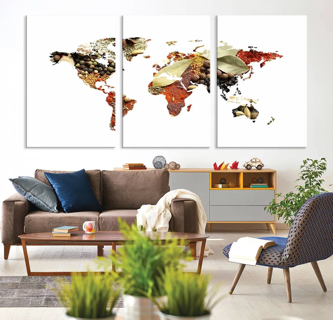 The "Vegetables World Map Canvas Wall Art Kitchen Artwork" is a captivating three-panel piece crafted on museum-quality canvas and coated with UV protection. It offers a distinctive flair to any space, with continents creatively depicted using spices, and comes ready to hang.