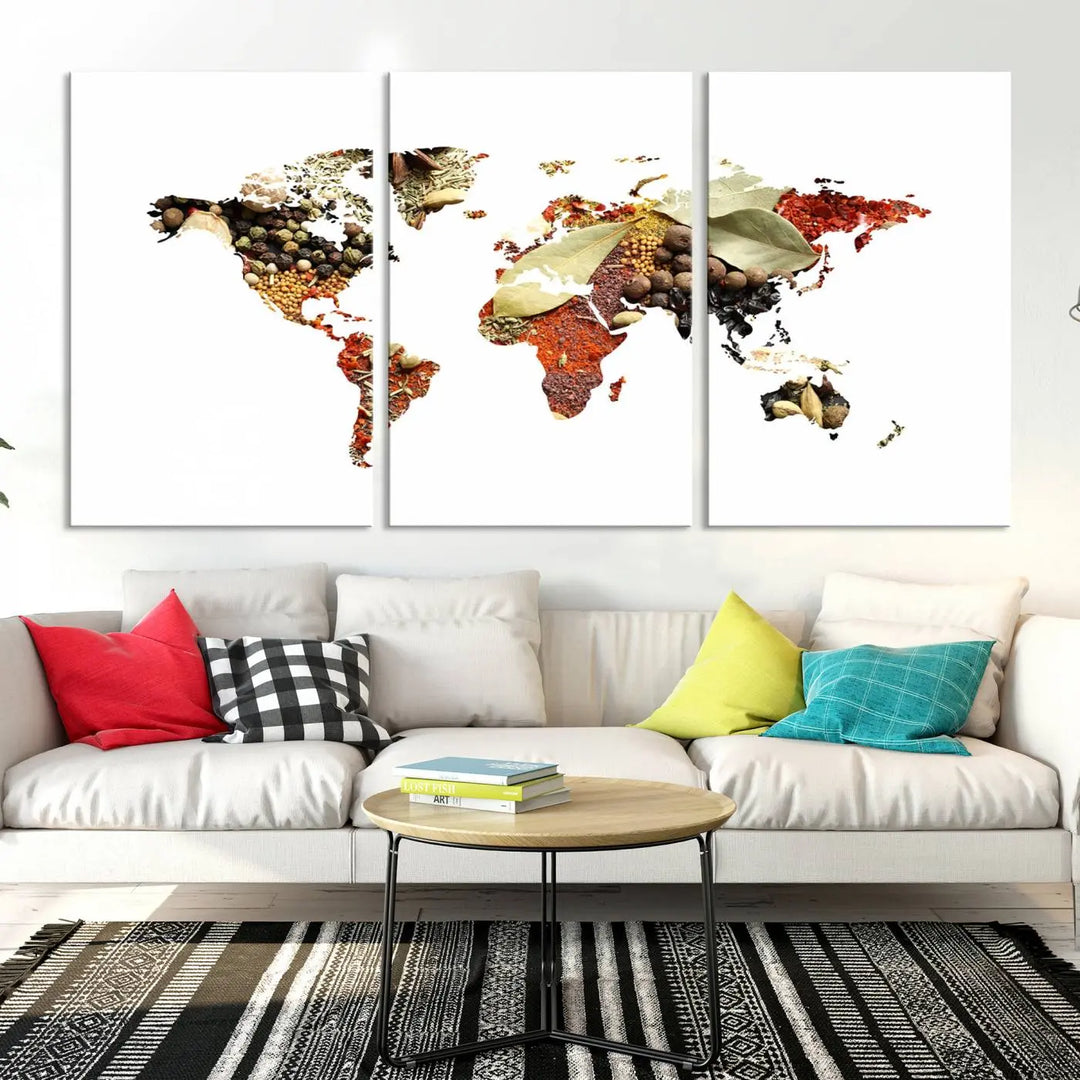 The "Vegetables World Map Canvas Wall Art Kitchen Artwork" is a captivating three-panel piece crafted on museum-quality canvas and coated with UV protection. It offers a distinctive flair to any space, with continents creatively depicted using spices, and comes ready to hang.