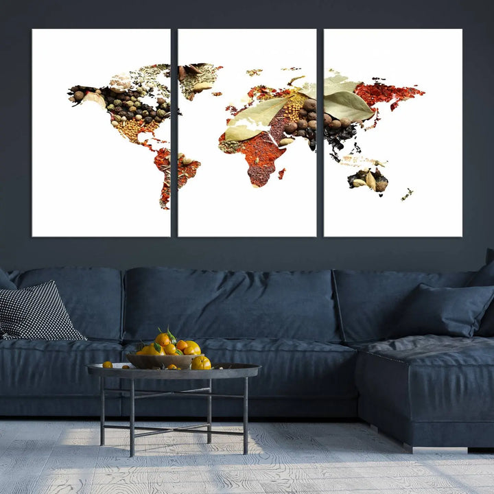 The "Vegetables World Map Canvas Wall Art Kitchen Artwork" is a captivating three-panel piece crafted on museum-quality canvas and coated with UV protection. It offers a distinctive flair to any space, with continents creatively depicted using spices, and comes ready to hang.