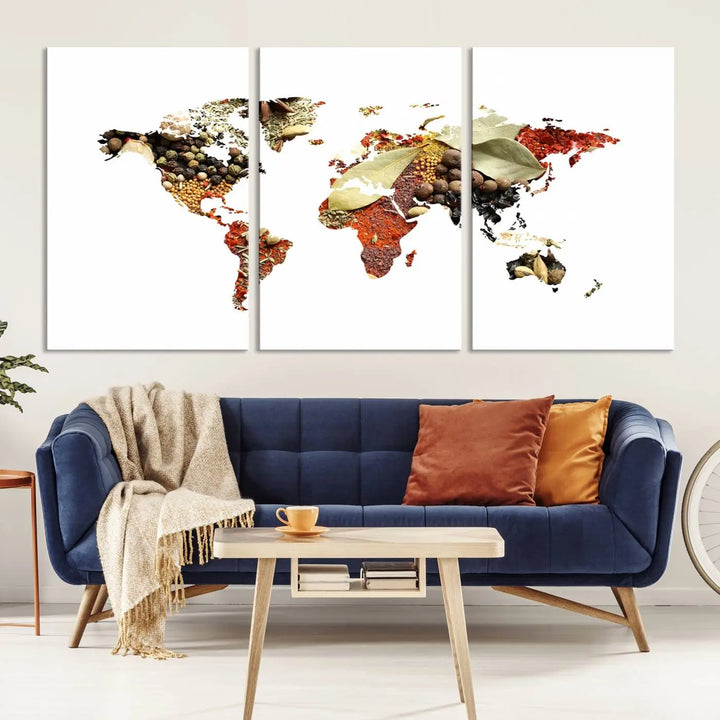 The "Vegetables World Map Canvas Wall Art Kitchen Artwork" is a captivating three-panel piece crafted on museum-quality canvas and coated with UV protection. It offers a distinctive flair to any space, with continents creatively depicted using spices, and comes ready to hang.