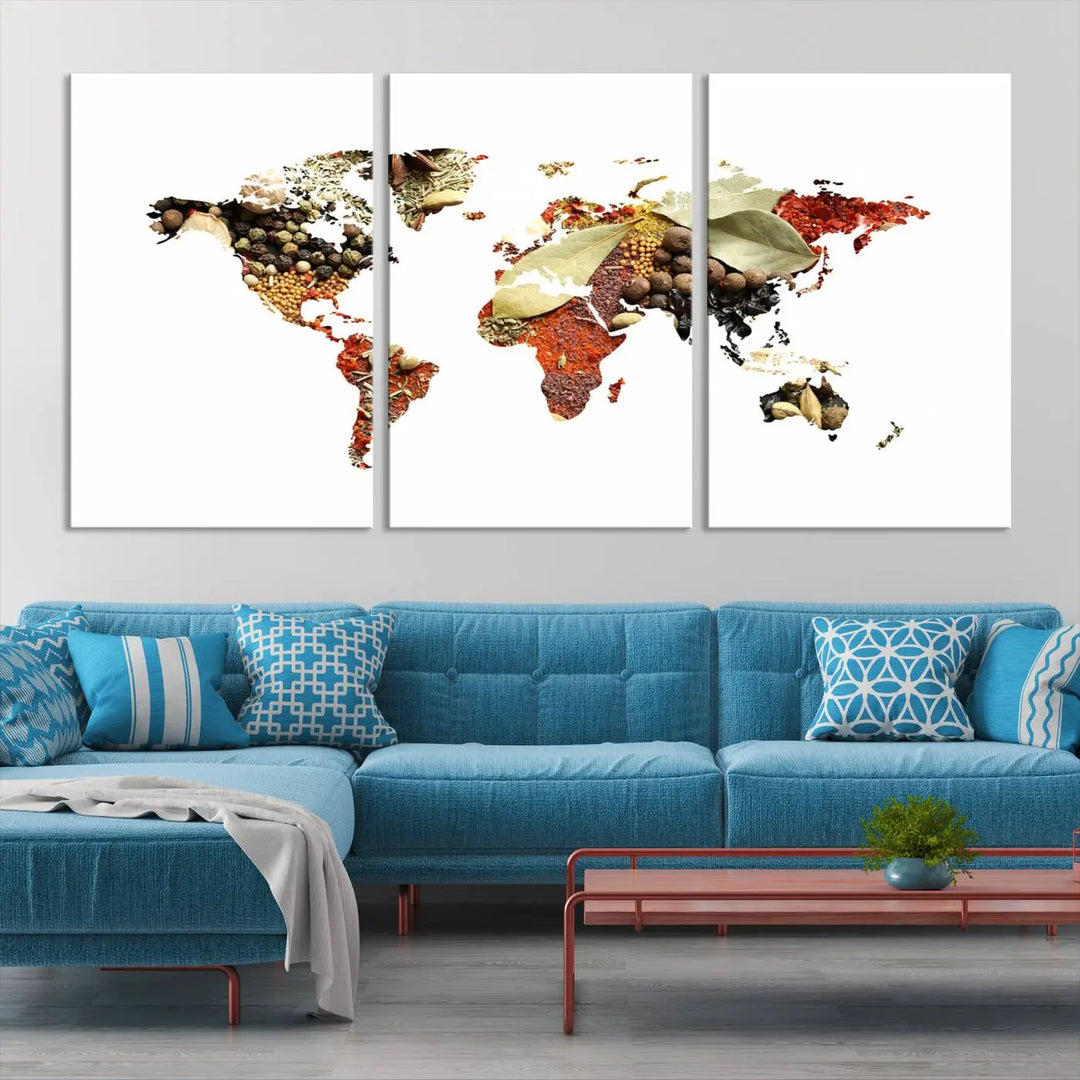 The "Vegetables World Map Canvas Wall Art Kitchen Artwork" is a captivating three-panel piece crafted on museum-quality canvas and coated with UV protection. It offers a distinctive flair to any space, with continents creatively depicted using spices, and comes ready to hang.