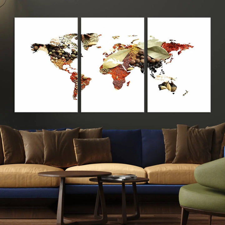 The "Vegetables World Map Canvas Wall Art Kitchen Artwork" is a captivating three-panel piece crafted on museum-quality canvas and coated with UV protection. It offers a distinctive flair to any space, with continents creatively depicted using spices, and comes ready to hang.