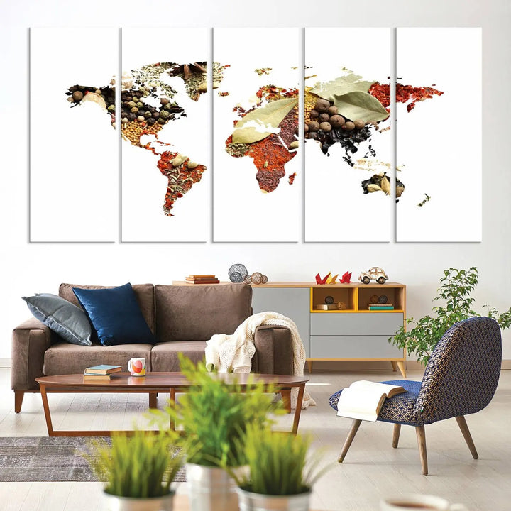 The "Vegetables World Map Canvas Wall Art Kitchen Artwork" is a captivating three-panel piece crafted on museum-quality canvas and coated with UV protection. It offers a distinctive flair to any space, with continents creatively depicted using spices, and comes ready to hang.