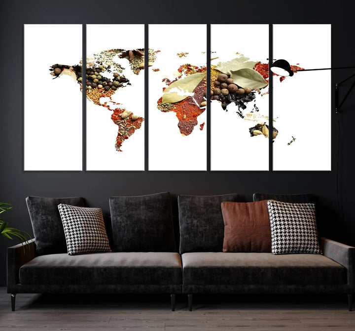 The "Vegetables World Map Canvas Wall Art Kitchen Artwork" is a captivating three-panel piece crafted on museum-quality canvas and coated with UV protection. It offers a distinctive flair to any space, with continents creatively depicted using spices, and comes ready to hang.