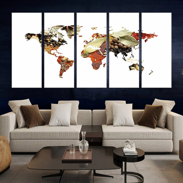 The "Vegetables World Map Canvas Wall Art Kitchen Artwork" is a captivating three-panel piece crafted on museum-quality canvas and coated with UV protection. It offers a distinctive flair to any space, with continents creatively depicted using spices, and comes ready to hang.