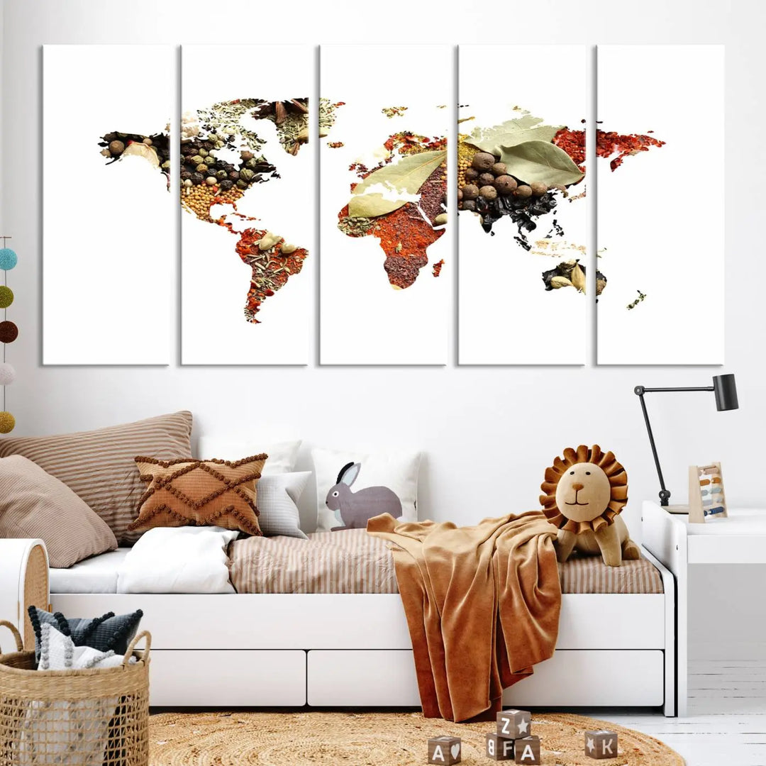 The "Vegetables World Map Canvas Wall Art Kitchen Artwork" is a captivating three-panel piece crafted on museum-quality canvas and coated with UV protection. It offers a distinctive flair to any space, with continents creatively depicted using spices, and comes ready to hang.