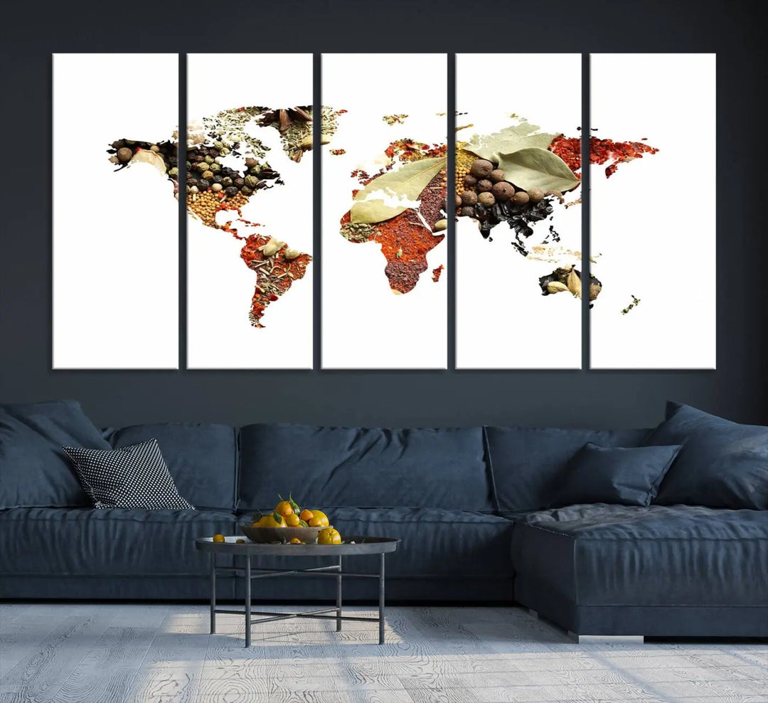 The "Vegetables World Map Canvas Wall Art Kitchen Artwork" is a captivating three-panel piece crafted on museum-quality canvas and coated with UV protection. It offers a distinctive flair to any space, with continents creatively depicted using spices, and comes ready to hang.