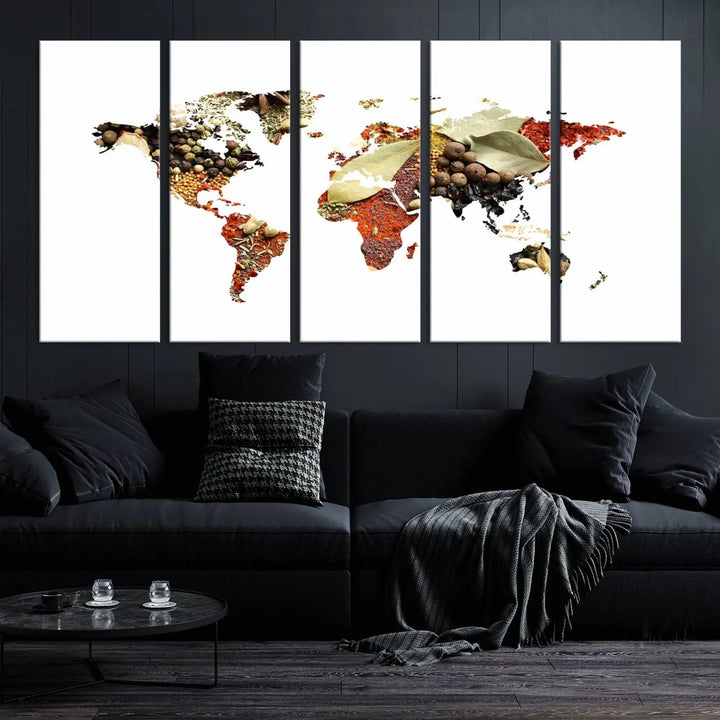 The "Vegetables World Map Canvas Wall Art Kitchen Artwork" is a captivating three-panel piece crafted on museum-quality canvas and coated with UV protection. It offers a distinctive flair to any space, with continents creatively depicted using spices, and comes ready to hang.