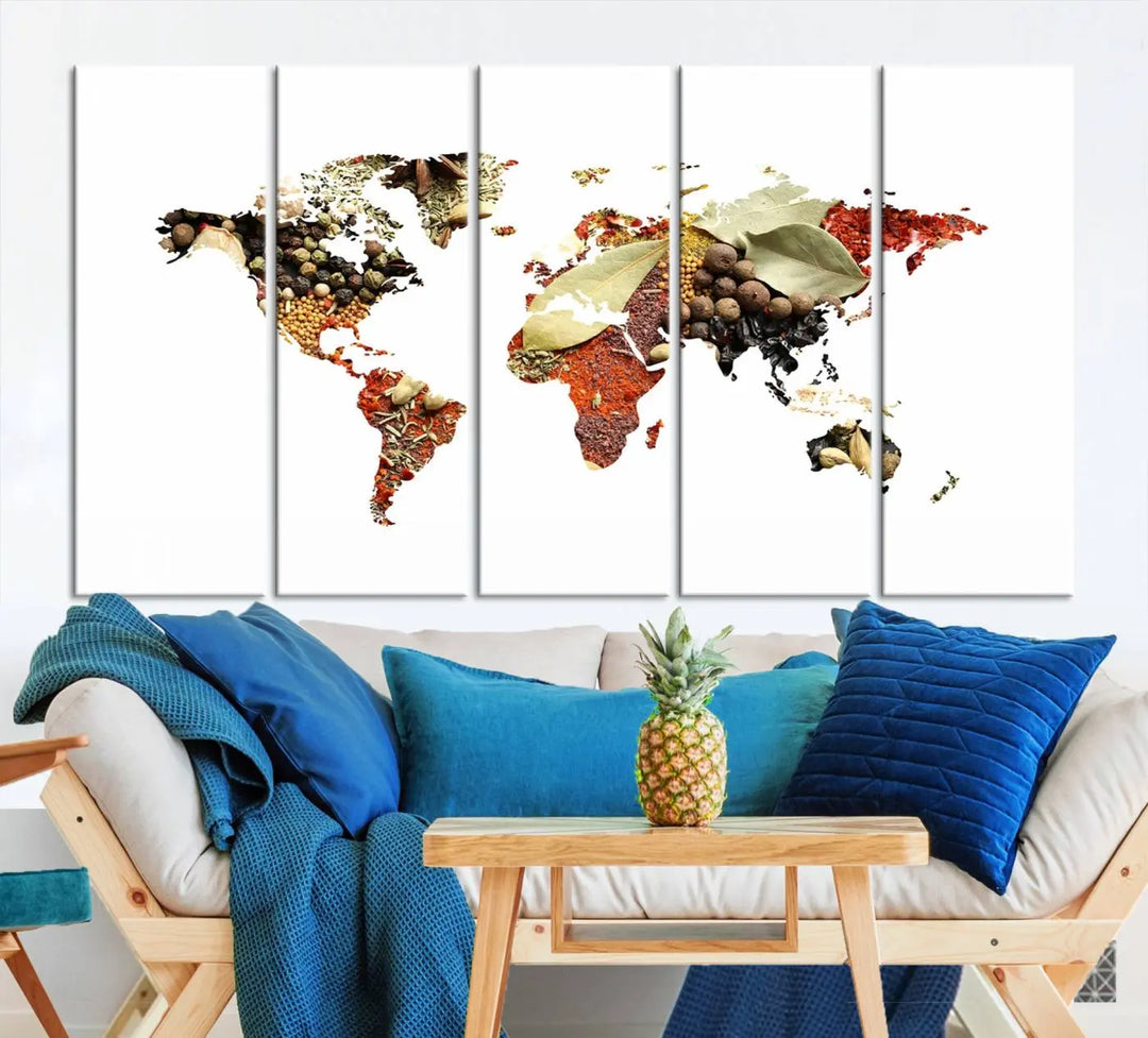 The "Vegetables World Map Canvas Wall Art Kitchen Artwork" is a captivating three-panel piece crafted on museum-quality canvas and coated with UV protection. It offers a distinctive flair to any space, with continents creatively depicted using spices, and comes ready to hang.