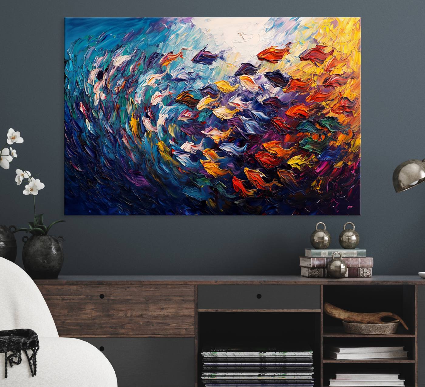78292-MGV-CV-36X24-Vibrant Abstract Fish Swarm Art – Colorful Fish Inspired 3-Piece Canvas Wall Art for Living Room or Office – Framed and Ready to Hang