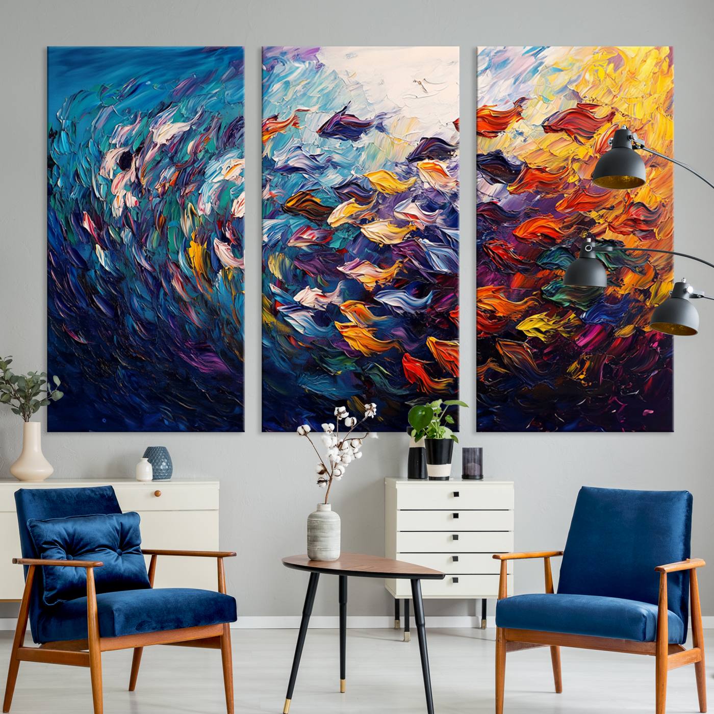 78292-MGV-CV-36X24-Vibrant Abstract Fish Swarm Art – Colorful Fish Inspired 3-Piece Canvas Wall Art for Living Room or Office – Framed and Ready to Hang
