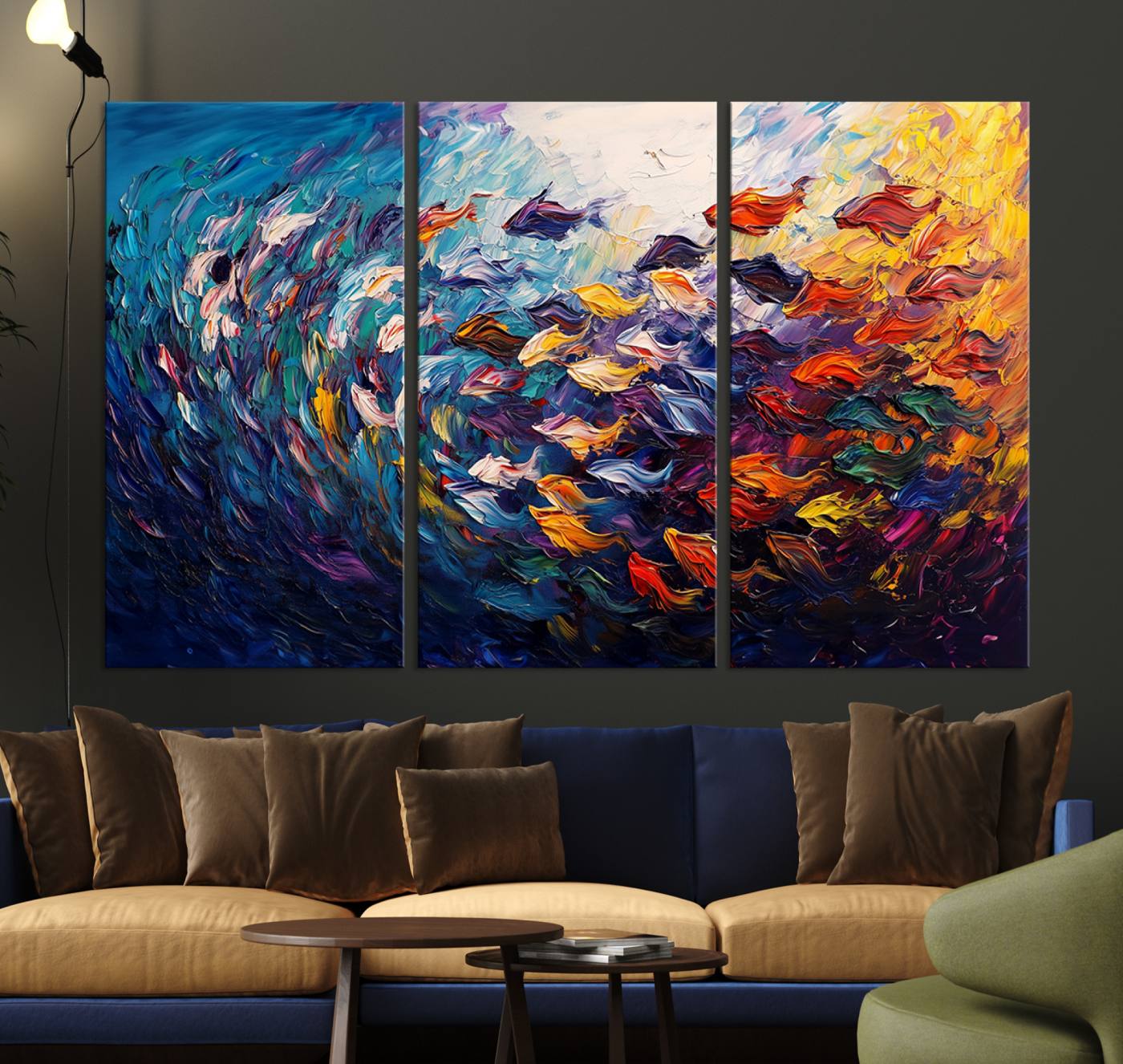 78292-MGV-CV-36X24-Vibrant Abstract Fish Swarm Art – Colorful Fish Inspired 3-Piece Canvas Wall Art for Living Room or Office – Framed and Ready to Hang
