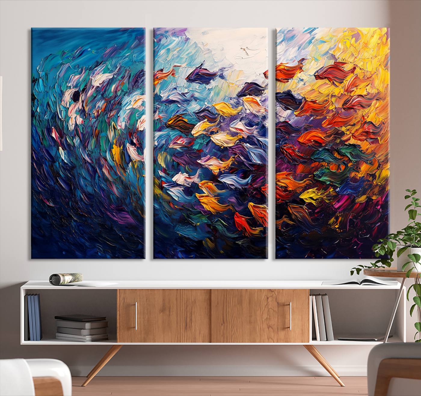 78292-MGV-CV-36X24-Vibrant Abstract Fish Swarm Art – Colorful Fish Inspired 3-Piece Canvas Wall Art for Living Room or Office – Framed and Ready to Hang