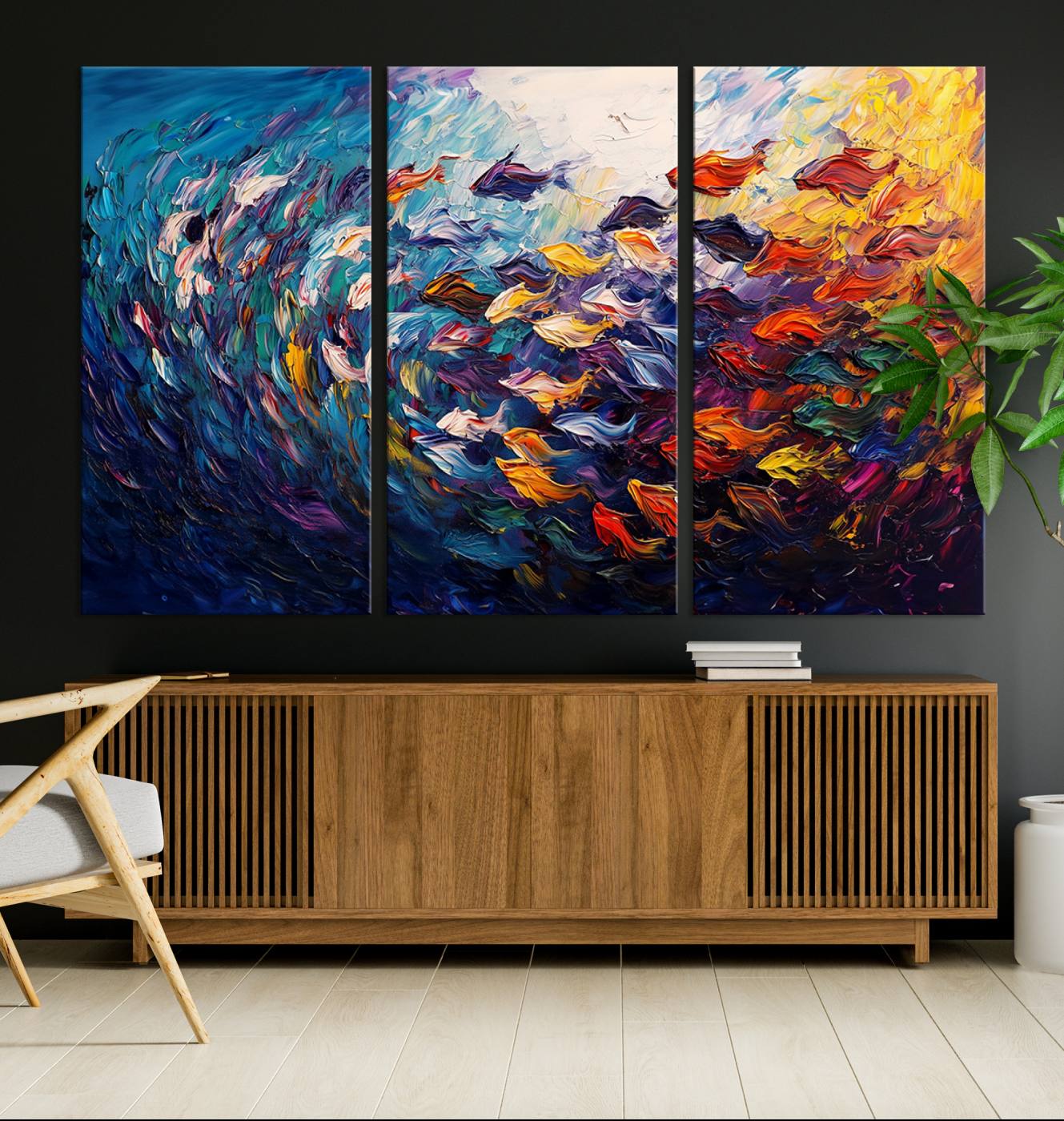 78292-MGV-CV-36X24-Vibrant Abstract Fish Swarm Art – Colorful Fish Inspired 3-Piece Canvas Wall Art for Living Room or Office – Framed and Ready to Hang