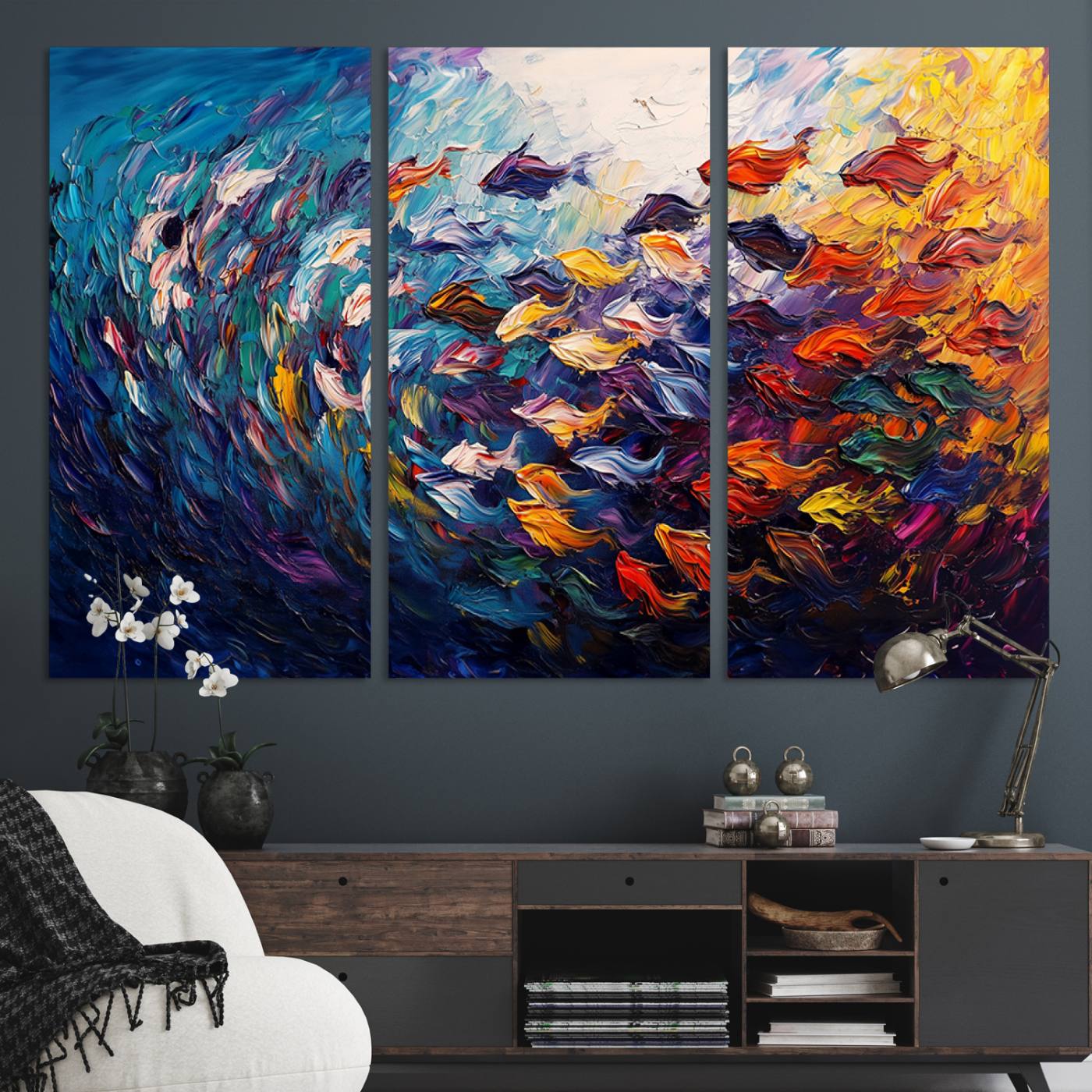 78292-MGV-CV-36X24-Vibrant Abstract Fish Swarm Art – Colorful Fish Inspired 3-Piece Canvas Wall Art for Living Room or Office – Framed and Ready to Hang