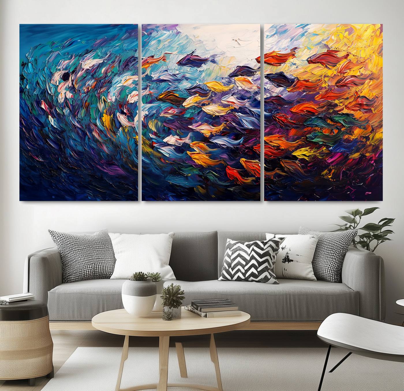78292-MGV-CV-36X24-Vibrant Abstract Fish Swarm Art – Colorful Fish Inspired 3-Piece Canvas Wall Art for Living Room or Office – Framed and Ready to Hang