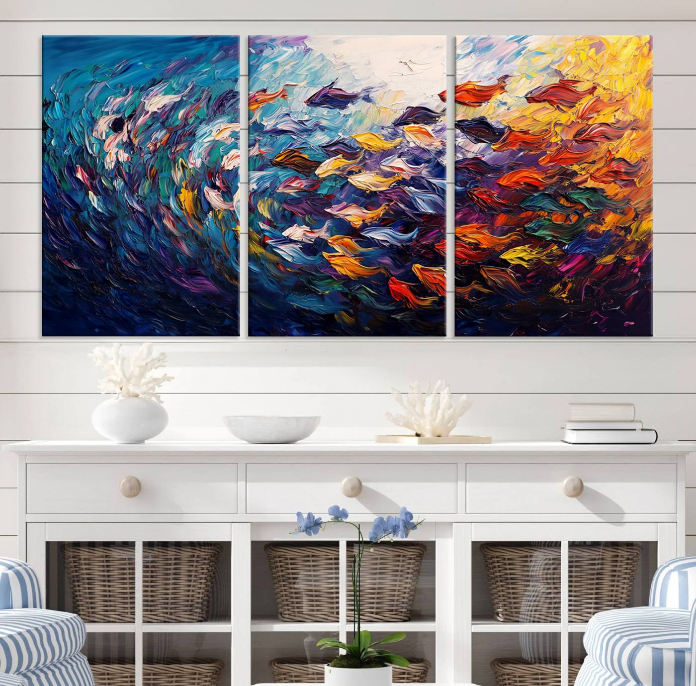 78292-MGV-CV-36X24-Vibrant Abstract Fish Swarm Art – Colorful Fish Inspired 3-Piece Canvas Wall Art for Living Room or Office – Framed and Ready to Hang