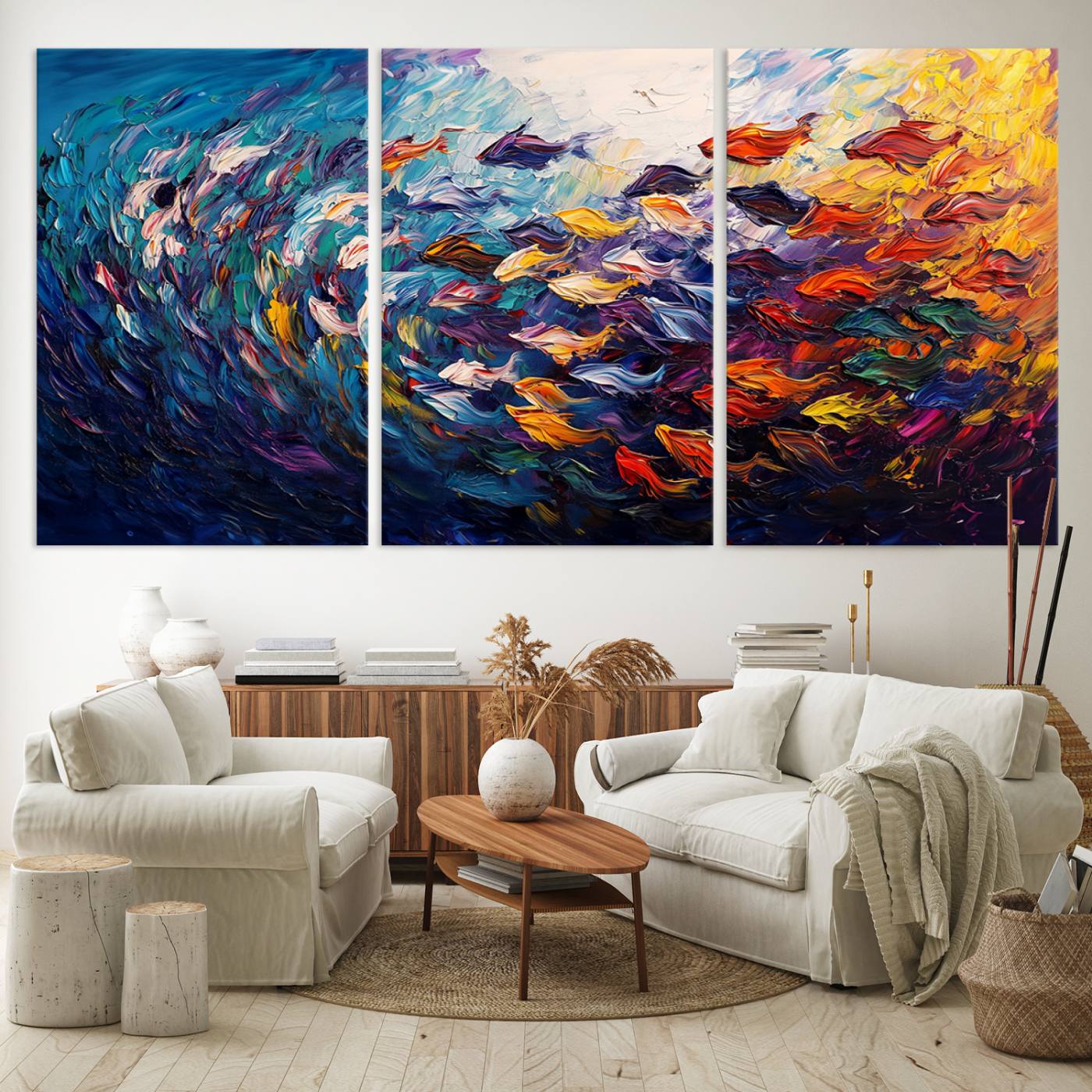 78292-MGV-CV-36X24-Vibrant Abstract Fish Swarm Art – Colorful Fish Inspired 3-Piece Canvas Wall Art for Living Room or Office – Framed and Ready to Hang