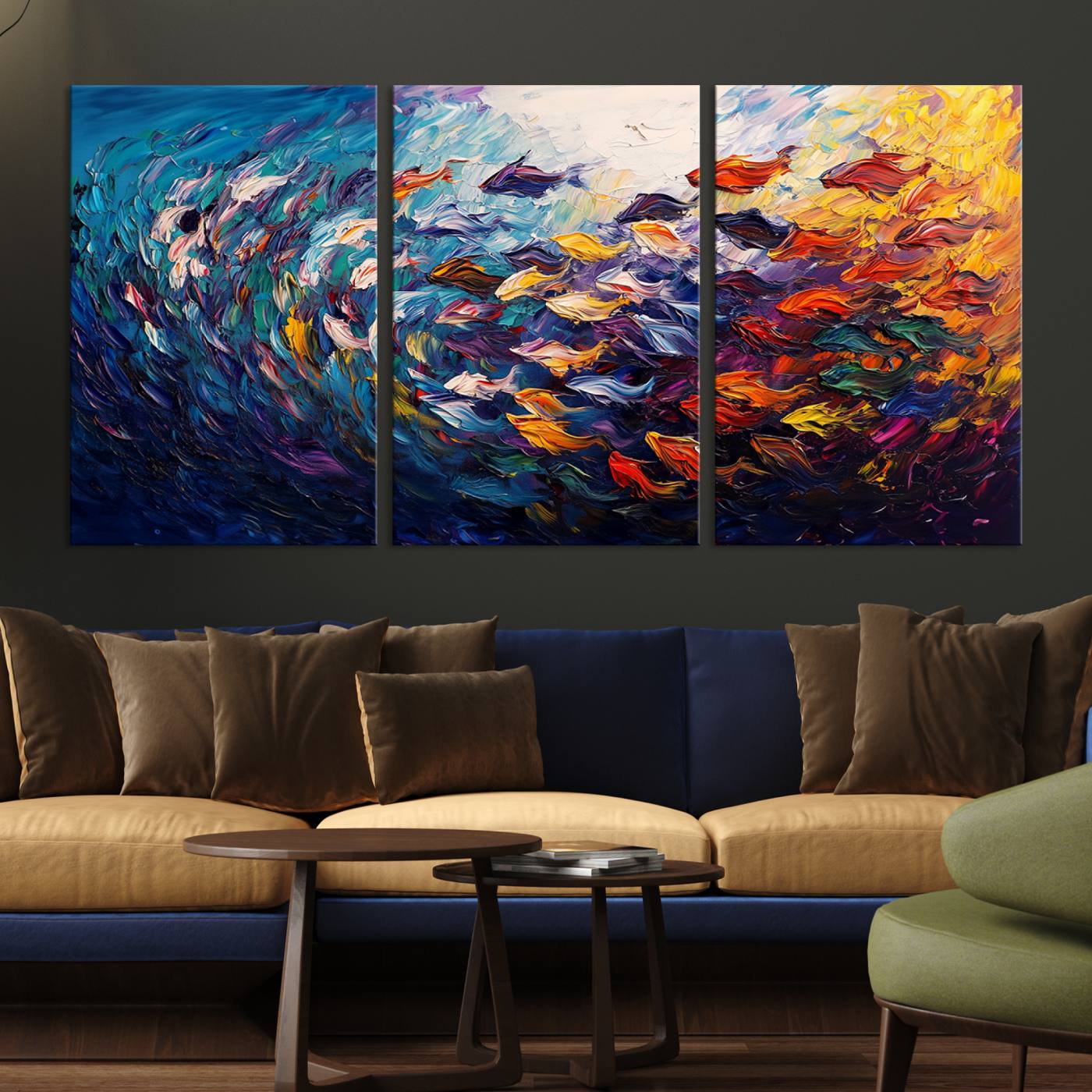 78292-MGV-CV-36X24-Vibrant Abstract Fish Swarm Art – Colorful Fish Inspired 3-Piece Canvas Wall Art for Living Room or Office – Framed and Ready to Hang