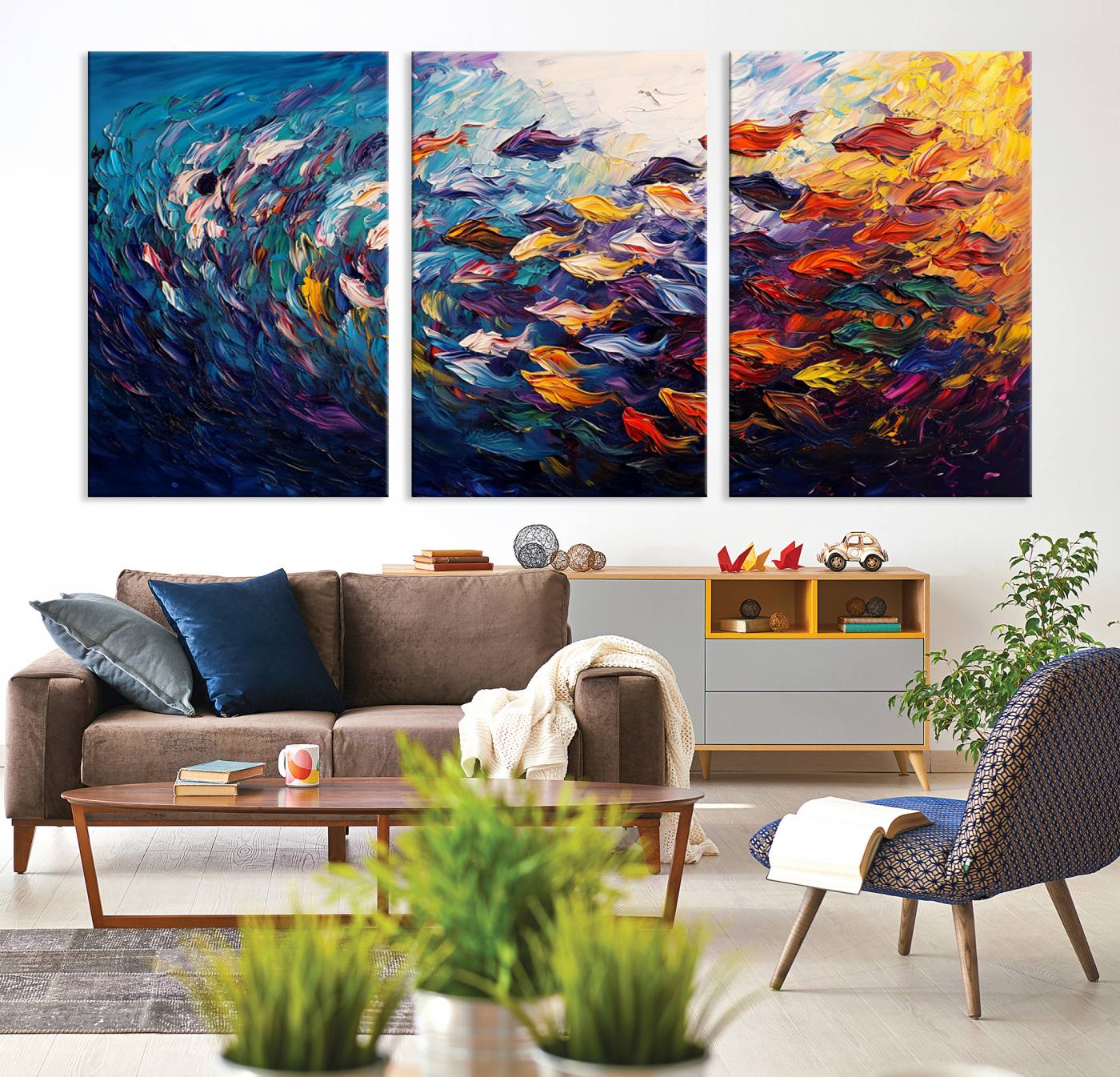 78292-MGV-CV-36X24-Vibrant Abstract Fish Swarm Art – Colorful Fish Inspired 3-Piece Canvas Wall Art for Living Room or Office – Framed and Ready to Hang