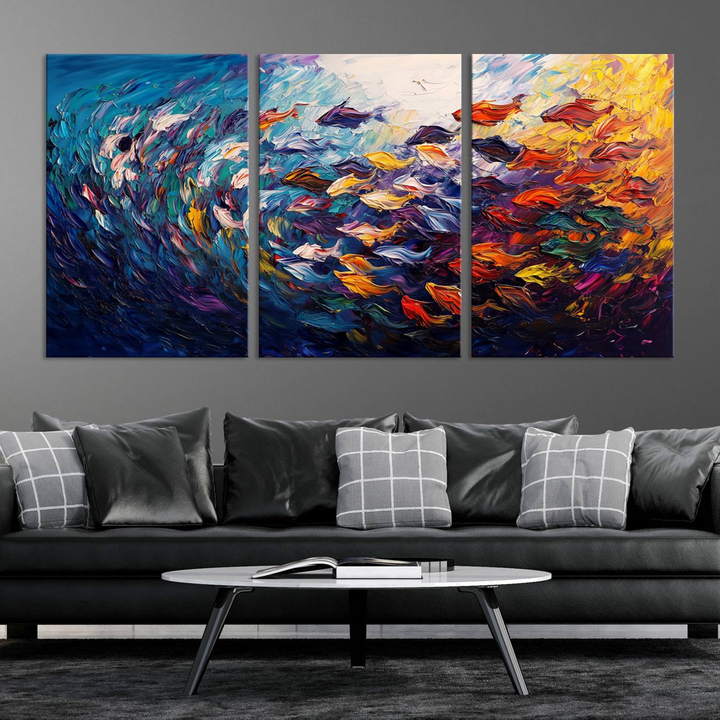 78292-MGV-CV-36X24-Vibrant Abstract Fish Swarm Art – Colorful Fish Inspired 3-Piece Canvas Wall Art for Living Room or Office – Framed and Ready to Hang