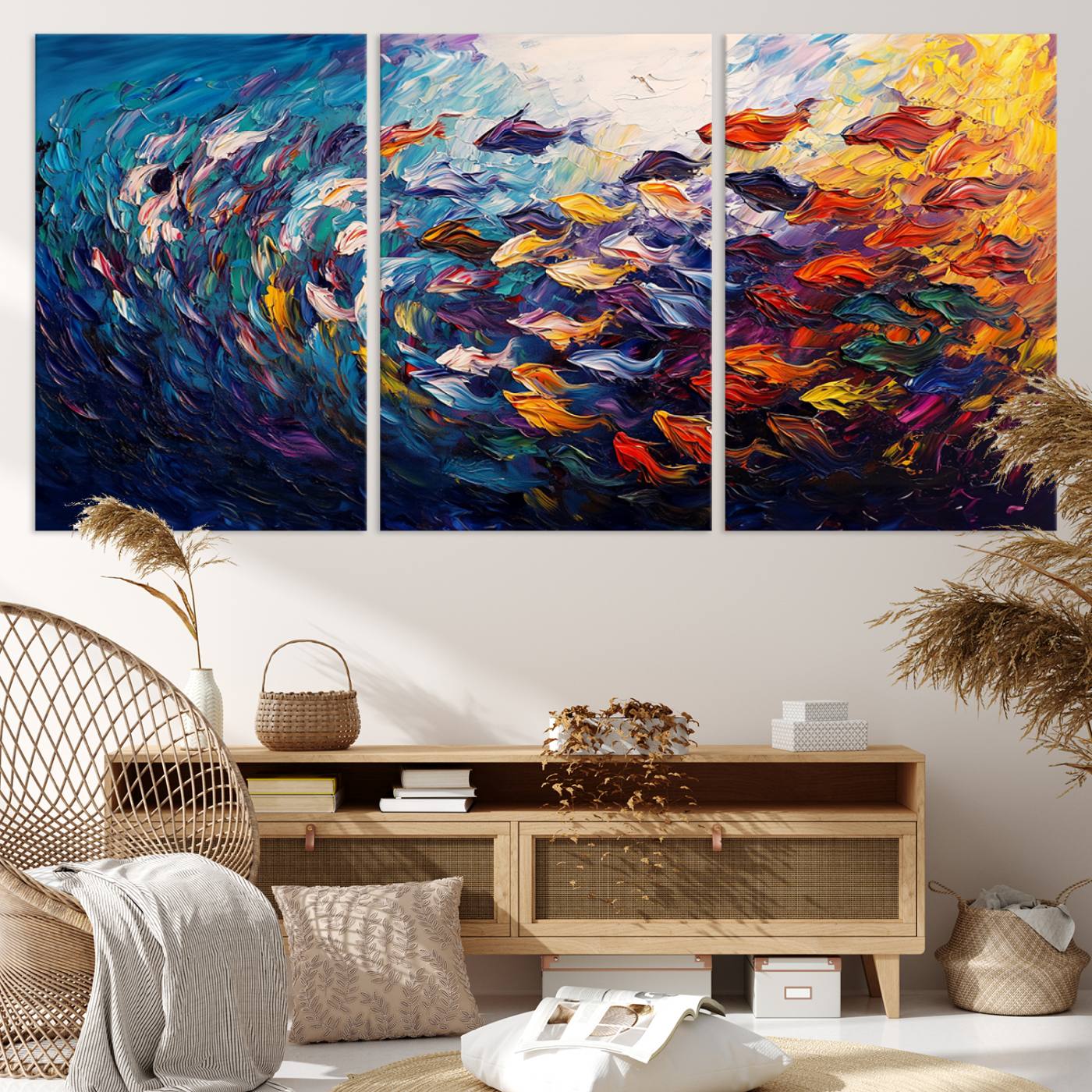 78292-MGV-CV-36X24-Vibrant Abstract Fish Swarm Art – Colorful Fish Inspired 3-Piece Canvas Wall Art for Living Room or Office – Framed and Ready to Hang