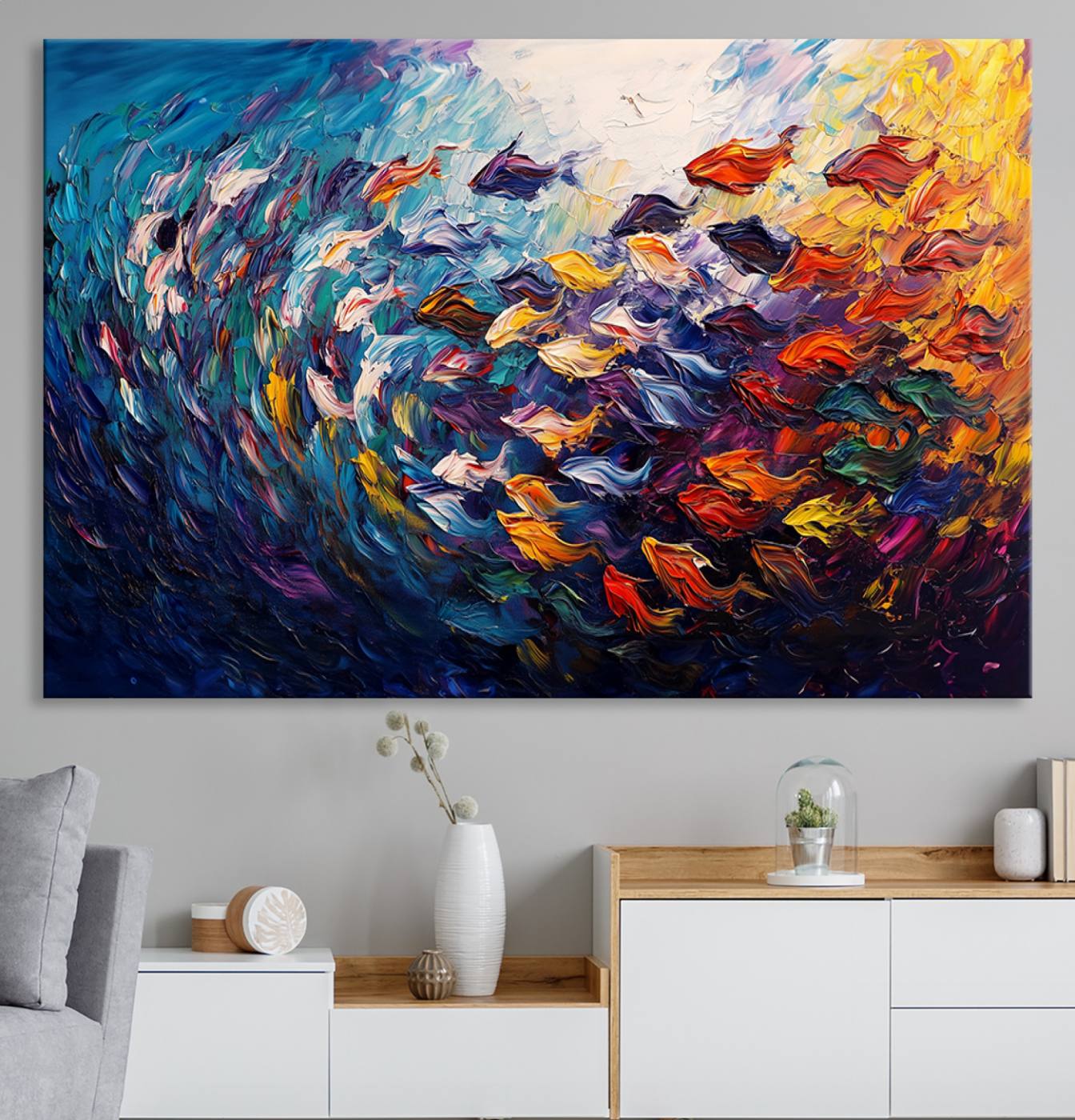 78292-MGV-CV-36X24-Vibrant Abstract Fish Swarm Art – Colorful Fish Inspired 3-Piece Canvas Wall Art for Living Room or Office – Framed and Ready to Hang