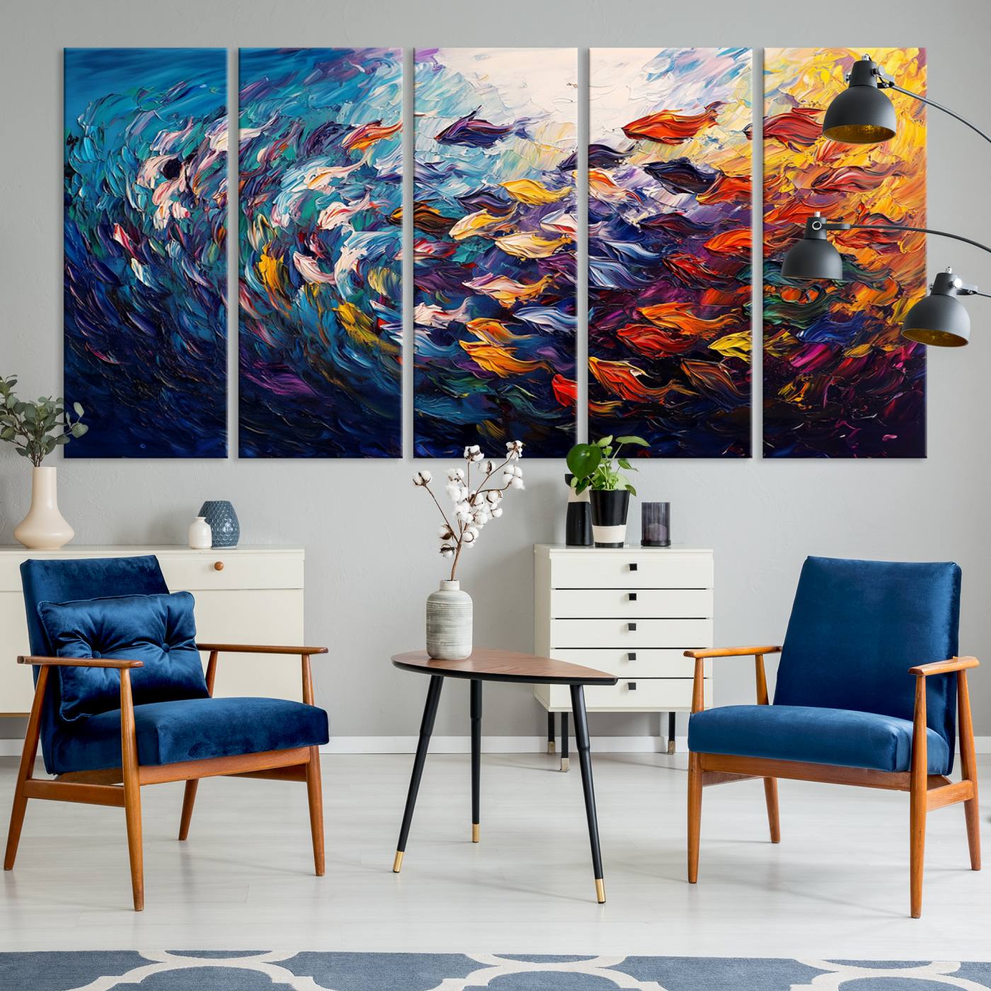 78292-MGV-CV-36X24-Vibrant Abstract Fish Swarm Art – Colorful Fish Inspired 3-Piece Canvas Wall Art for Living Room or Office – Framed and Ready to Hang