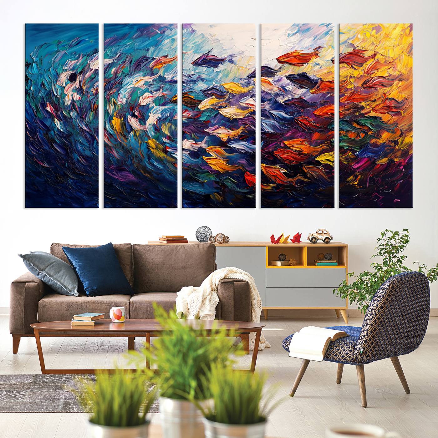 78292-MGV-CV-36X24-Vibrant Abstract Fish Swarm Art – Colorful Fish Inspired 3-Piece Canvas Wall Art for Living Room or Office – Framed and Ready to Hang