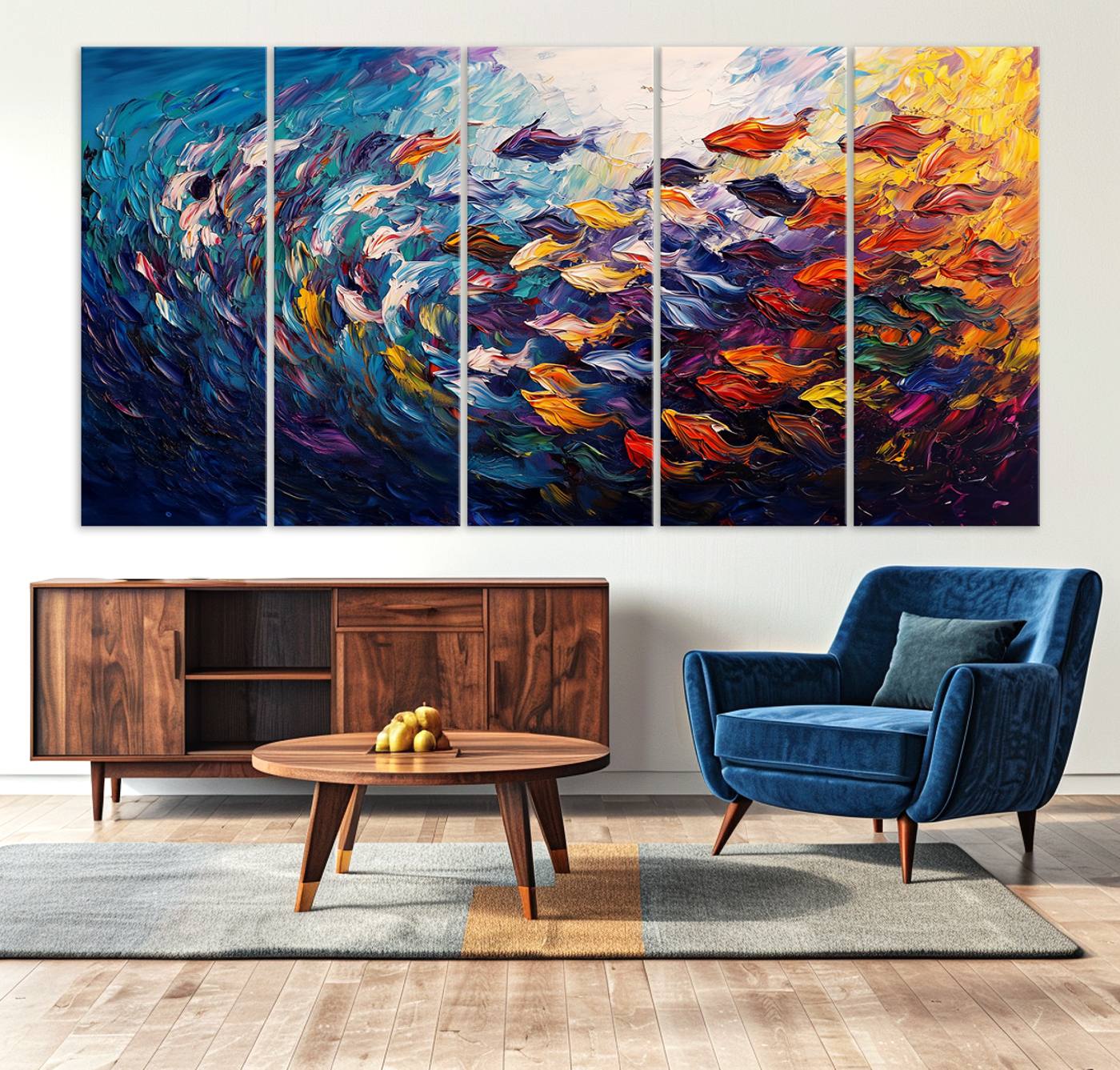 78292-MGV-CV-36X24-Vibrant Abstract Fish Swarm Art – Colorful Fish Inspired 3-Piece Canvas Wall Art for Living Room or Office – Framed and Ready to Hang