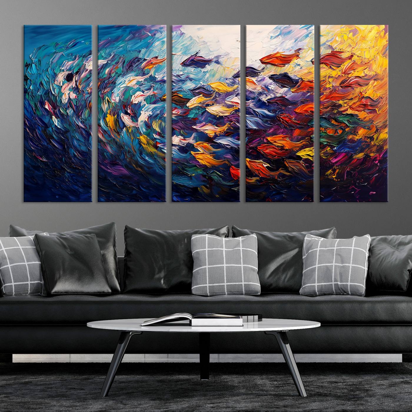78292-MGV-CV-36X24-Vibrant Abstract Fish Swarm Art – Colorful Fish Inspired 3-Piece Canvas Wall Art for Living Room or Office – Framed and Ready to Hang