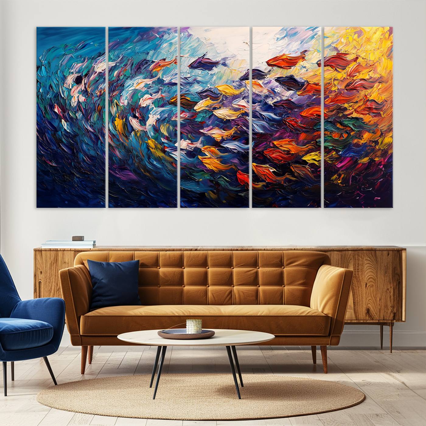 78292-MGV-CV-36X24-Vibrant Abstract Fish Swarm Art – Colorful Fish Inspired 3-Piece Canvas Wall Art for Living Room or Office – Framed and Ready to Hang