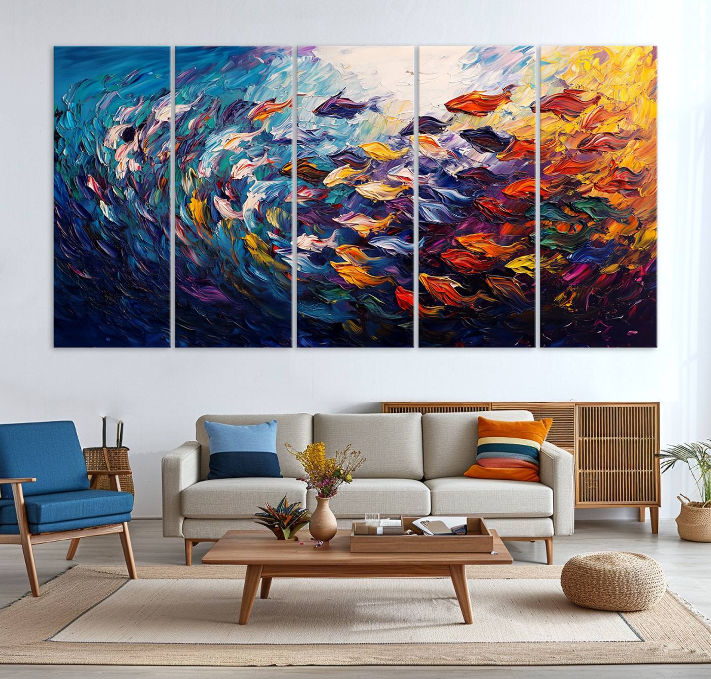 78292-MGV-CV-36X24-Vibrant Abstract Fish Swarm Art – Colorful Fish Inspired 3-Piece Canvas Wall Art for Living Room or Office – Framed and Ready to Hang