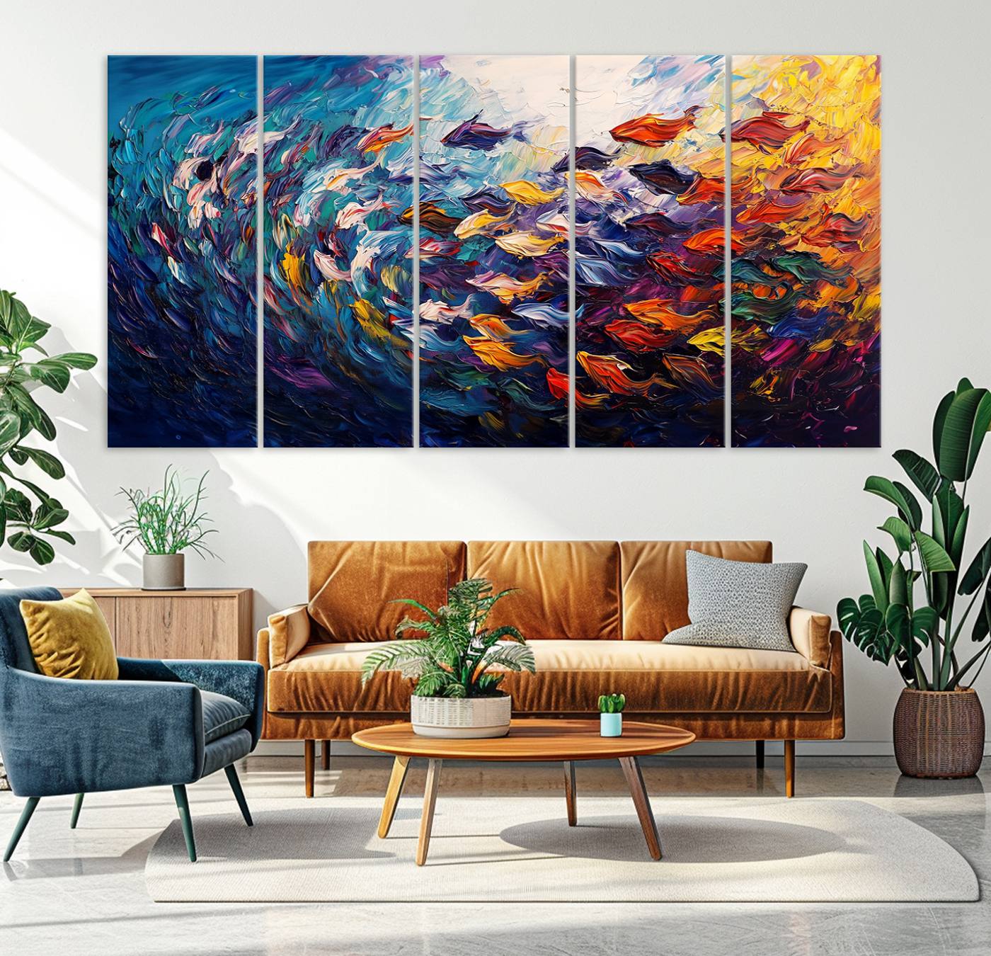 78292-MGV-CV-36X24-Vibrant Abstract Fish Swarm Art – Colorful Fish Inspired 3-Piece Canvas Wall Art for Living Room or Office – Framed and Ready to Hang