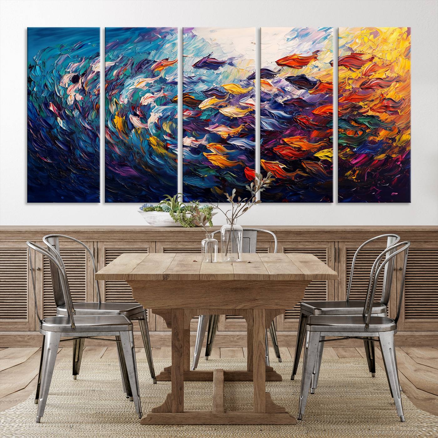 78292-MGV-CV-36X24-Vibrant Abstract Fish Swarm Art – Colorful Fish Inspired 3-Piece Canvas Wall Art for Living Room or Office – Framed and Ready to Hang