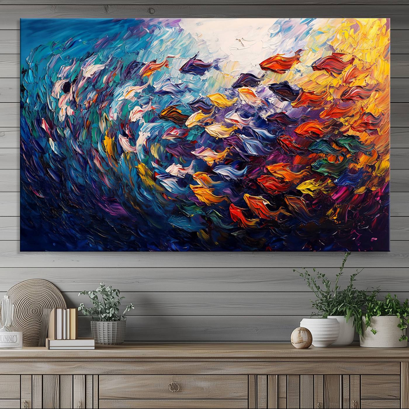 78292-MGV-CV-36X24-Vibrant Abstract Fish Swarm Art – Colorful Fish Inspired 3-Piece Canvas Wall Art for Living Room or Office – Framed and Ready to Hang