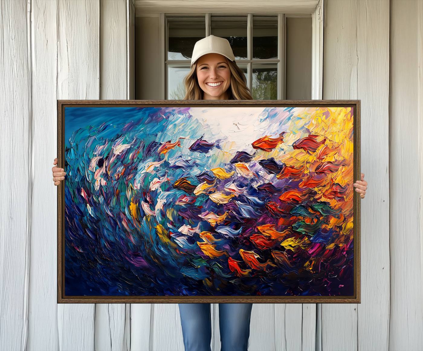78292-MGV-CV-36X24-Vibrant Abstract Fish Swarm Art – Colorful Fish Inspired 3-Piece Canvas Wall Art for Living Room or Office – Framed and Ready to Hang