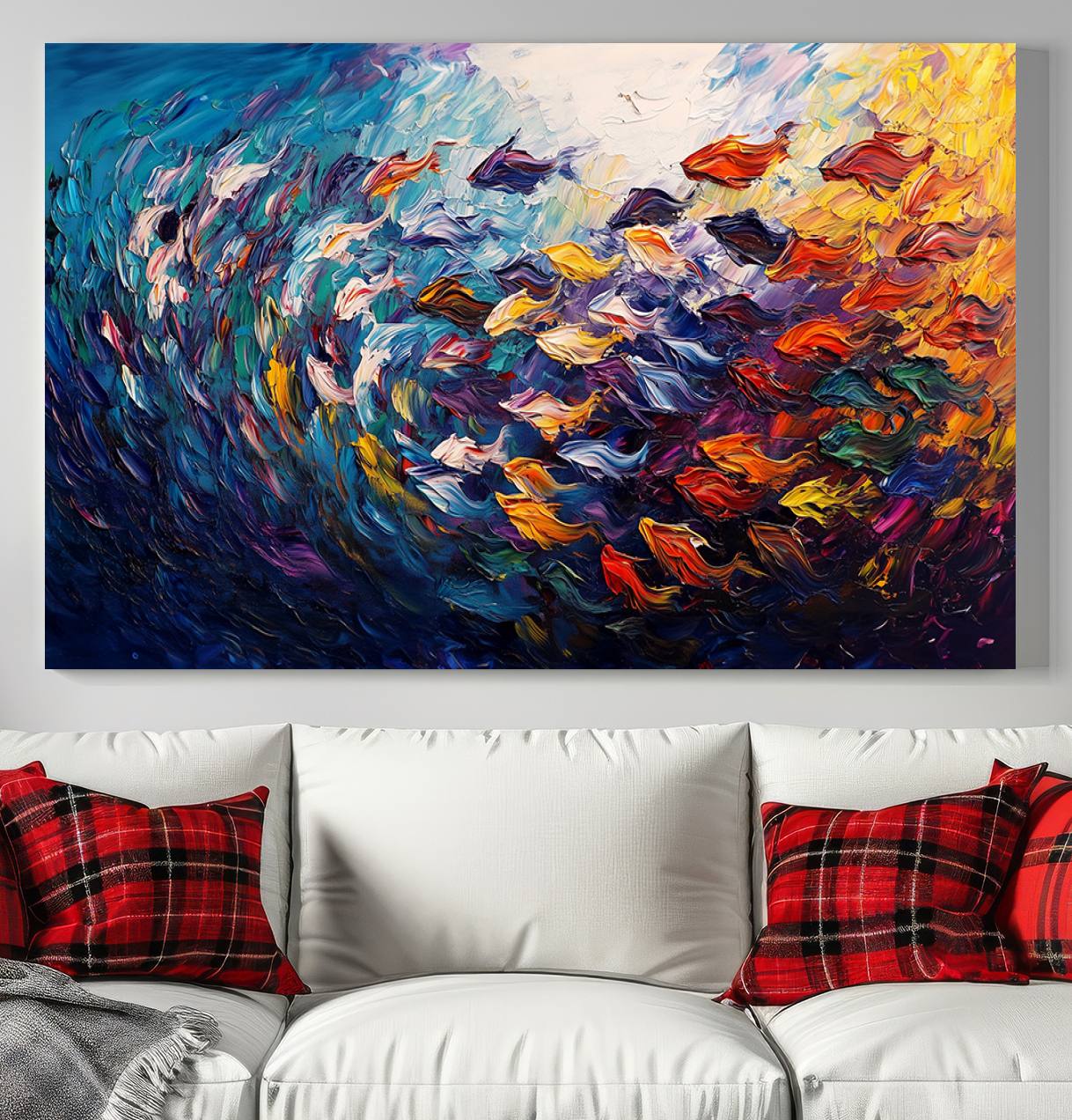 78292-MGV-CV-36X24-Vibrant Abstract Fish Swarm Art – Colorful Fish Inspired 3-Piece Canvas Wall Art for Living Room or Office – Framed and Ready to Hang