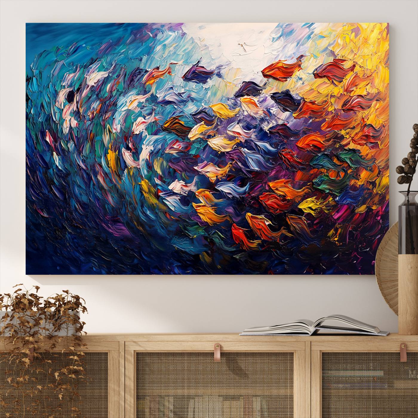 78292-MGV-CV-36X24-Vibrant Abstract Fish Swarm Art – Colorful Fish Inspired 3-Piece Canvas Wall Art for Living Room or Office – Framed and Ready to Hang
