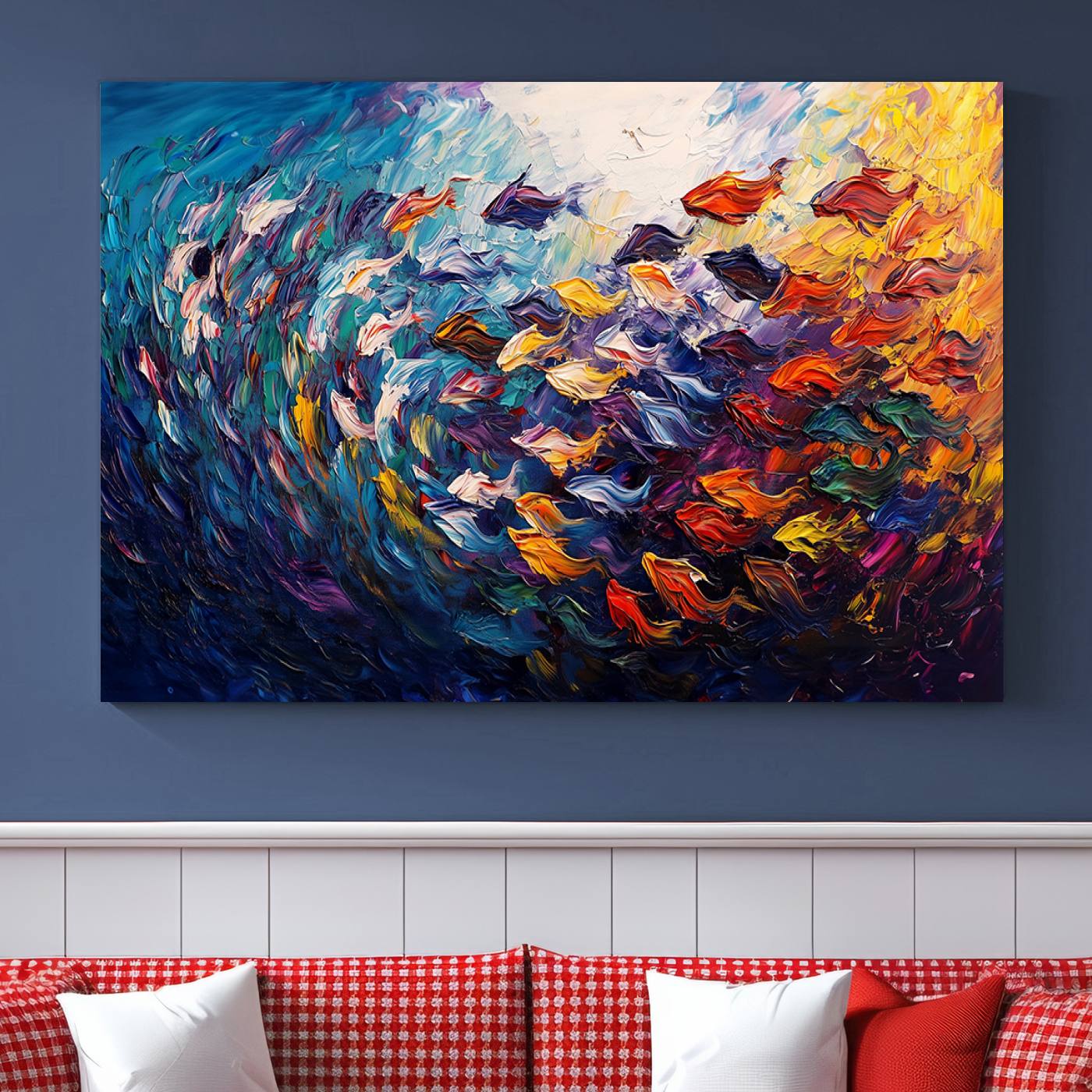 78292-MGV-CV-36X24-Vibrant Abstract Fish Swarm Art – Colorful Fish Inspired 3-Piece Canvas Wall Art for Living Room or Office – Framed and Ready to Hang