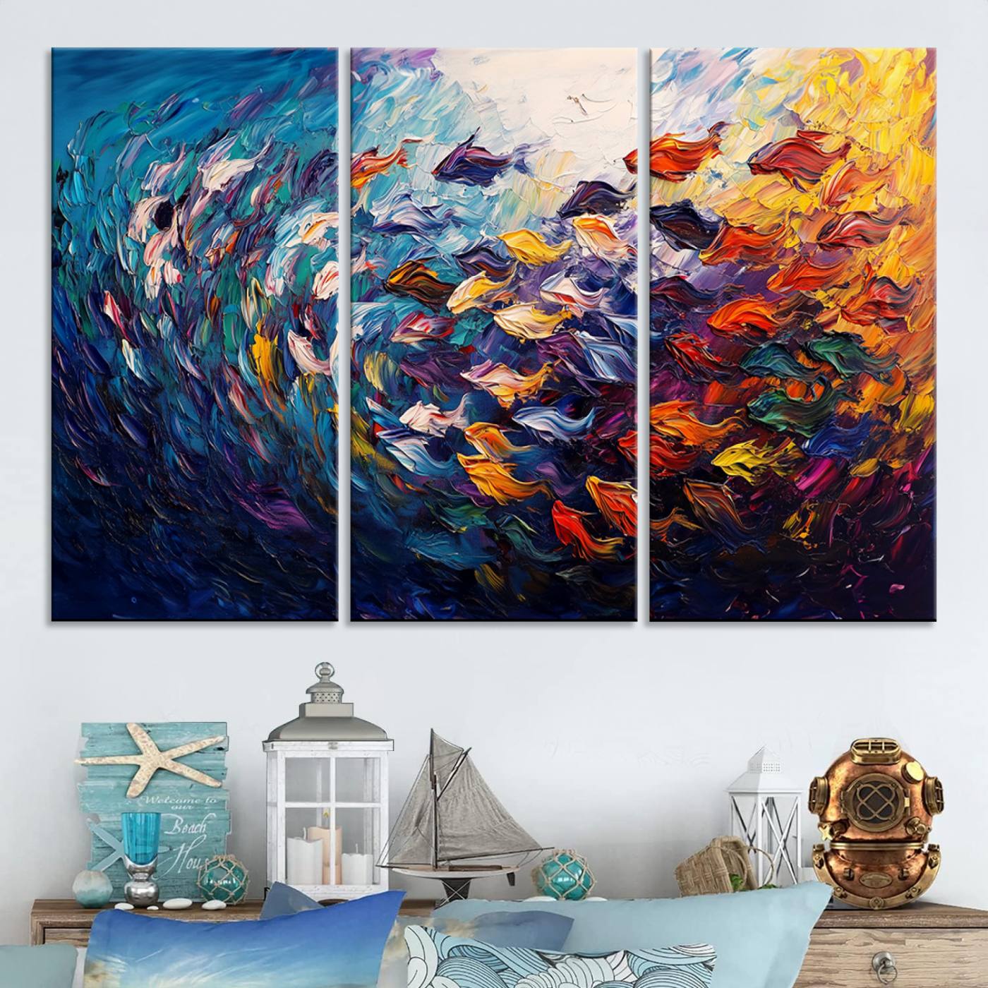 78292-MGV-CV-48X32-3P-Vibrant Abstract Fish Swarm Art – Colorful Fish Inspired 3-Piece Canvas Wall Art for Living Room or Office – Framed and Ready to Hang
