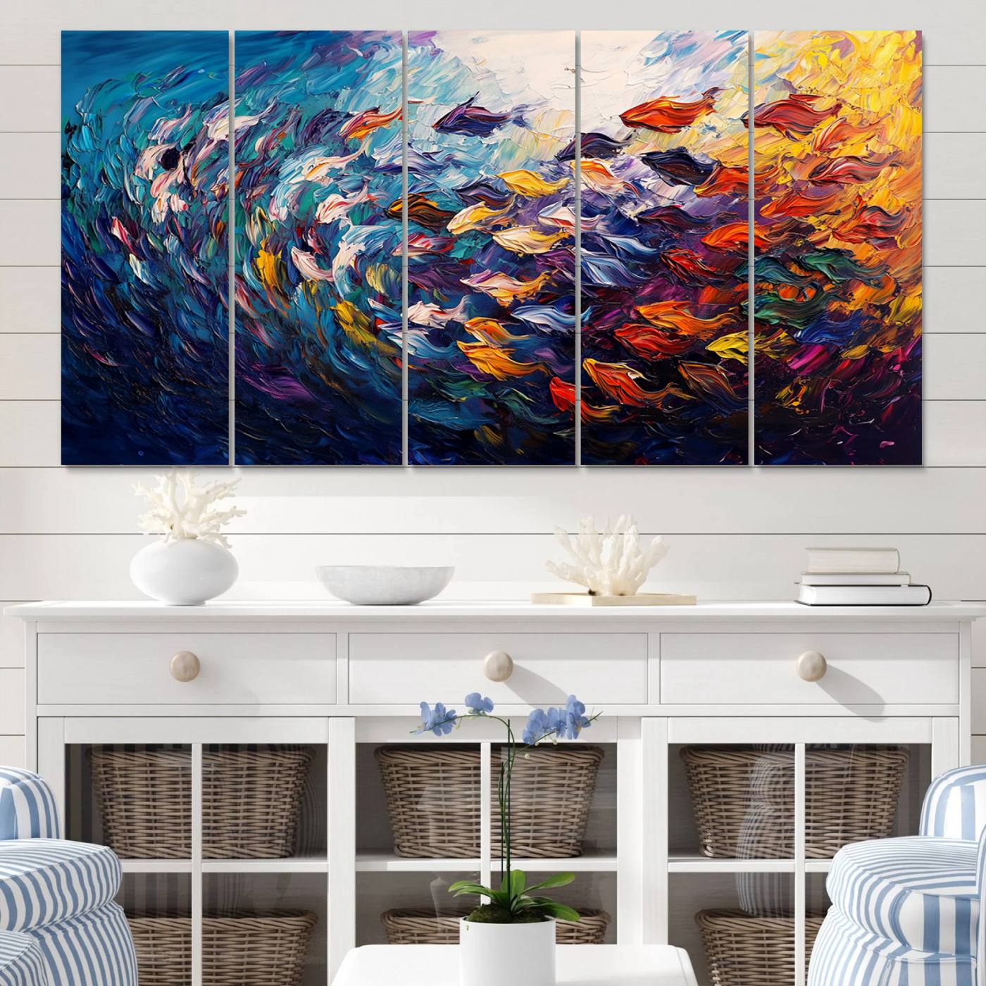 78292-MGV-CV-60X31-5P-Vibrant Abstract Fish Swarm Art – Colorful Fish Inspired 3-Piece Canvas Wall Art for Living Room or Office – Framed and Ready to Hang