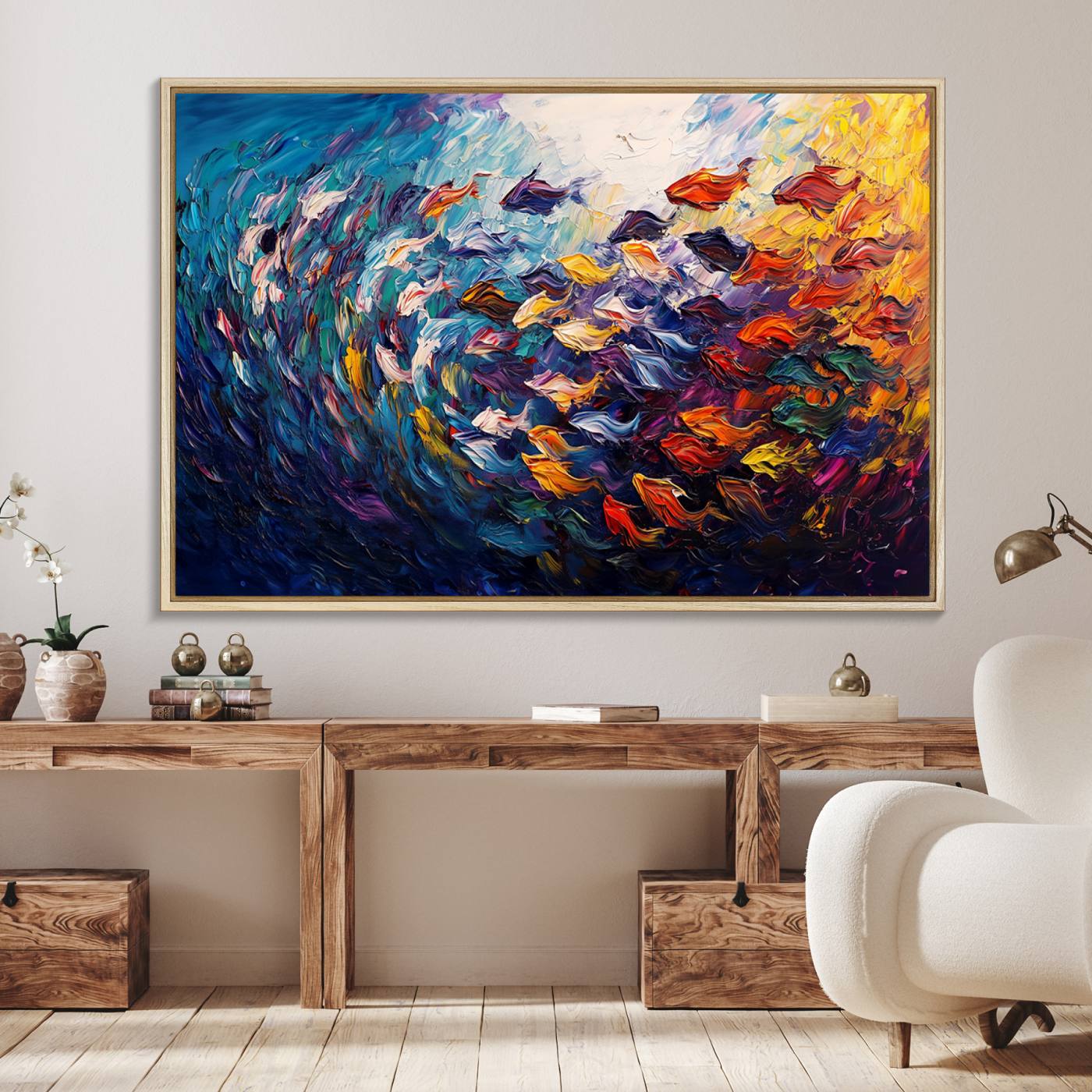 78292-MGV-FC-36X24_Natural-Vibrant Abstract Fish Swarm Art – Colorful Fish Inspired 3-Piece Canvas Wall Art for Living Room or Office – Framed and Ready to Hang