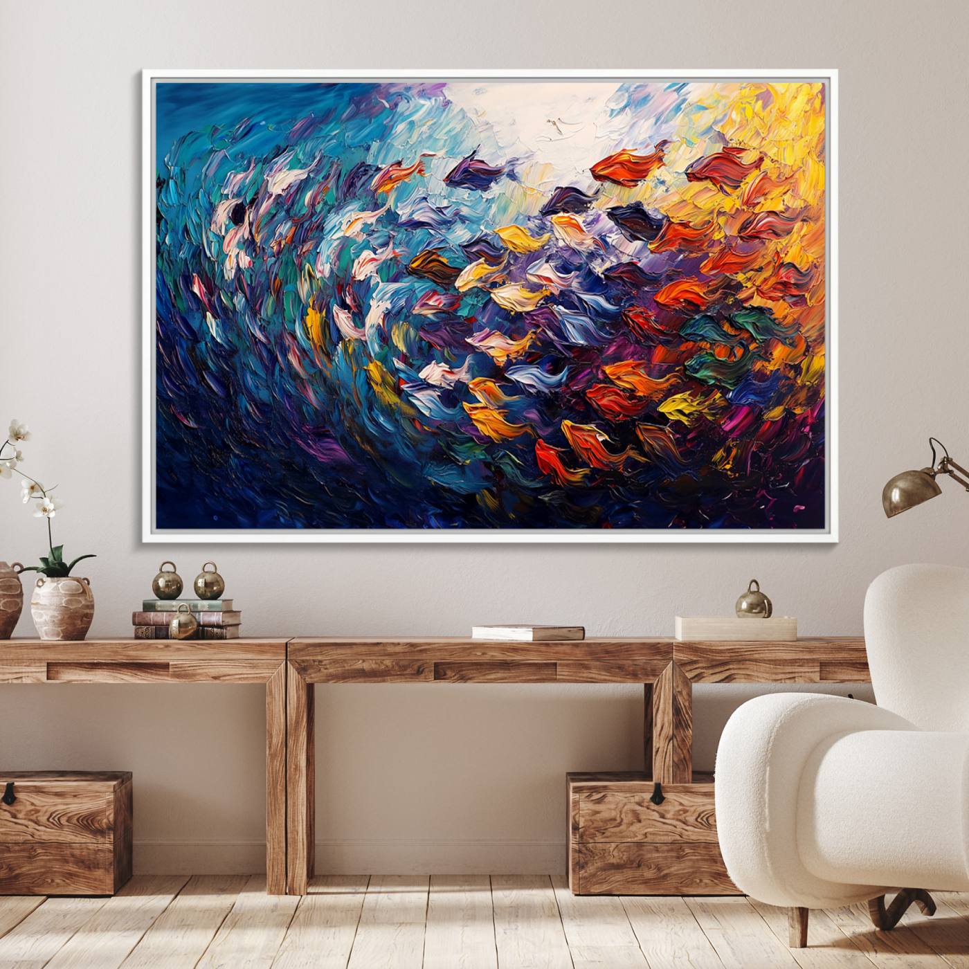 78292-MGV-FC-36X24_White-Vibrant Abstract Fish Swarm Art – Colorful Fish Inspired 3-Piece Canvas Wall Art for Living Room or Office – Framed and Ready to Hang