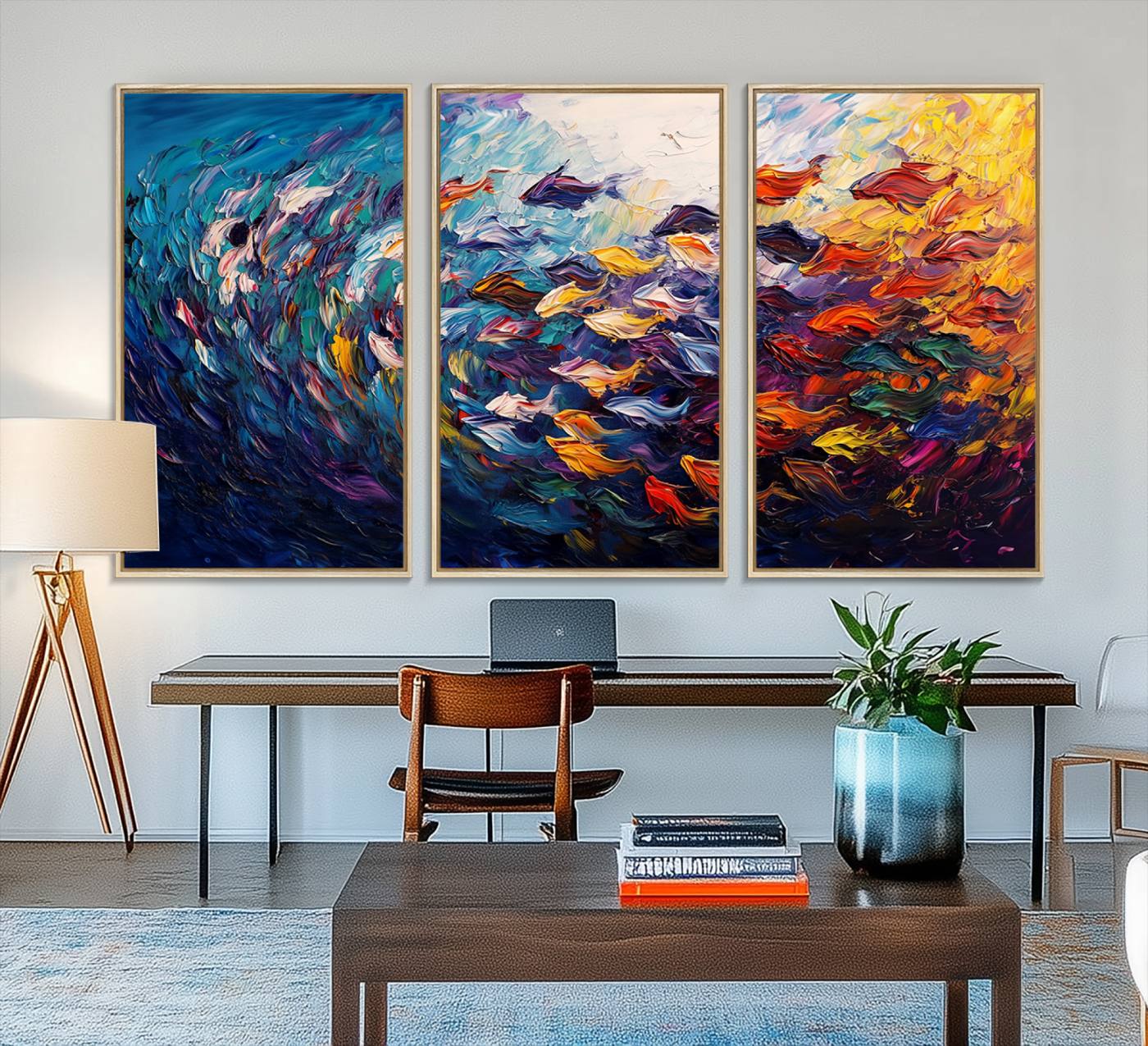 78292-MGV-FC-48X32-3P_Natural-Vibrant Abstract Fish Swarm Art – Colorful Fish Inspired 3-Piece Canvas Wall Art for Living Room or Office – Framed and Ready to Hang
