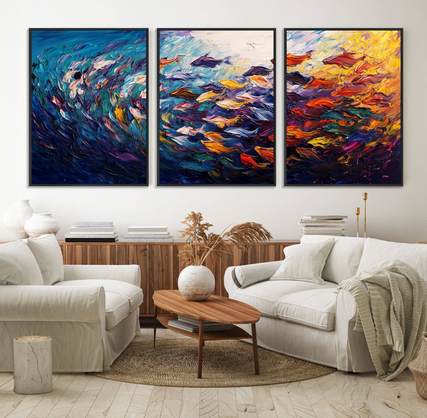 78292-MGV-FC-60X30-3P_Black-Vibrant Abstract Fish Swarm Art – Colorful Fish Inspired 3-Piece Canvas Wall Art for Living Room or Office – Framed and Ready to Hang